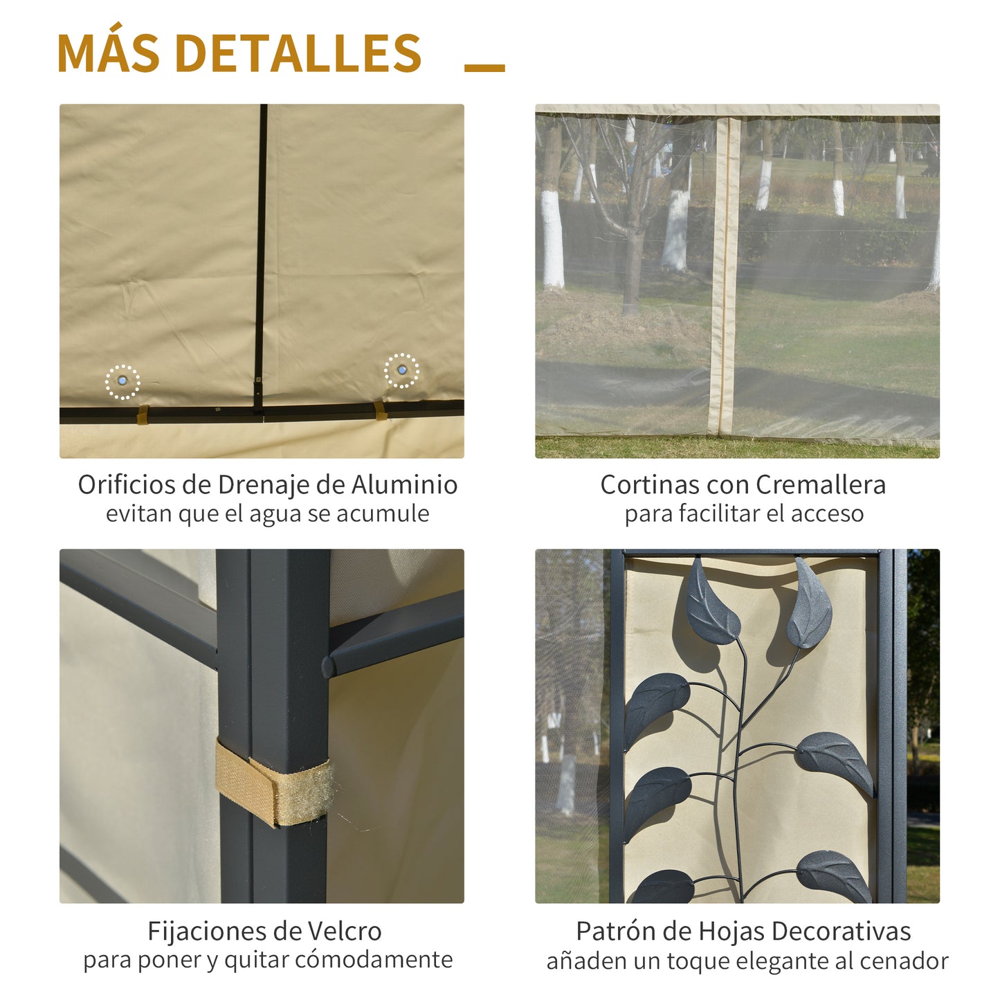 Outsunny Cenador de Jardín 4x3 m Montado en la Pared con Cortinas Laterales Malla con Cremallera 4 Orificios de Drenaje para Exterior Fiestas Eventos Beige