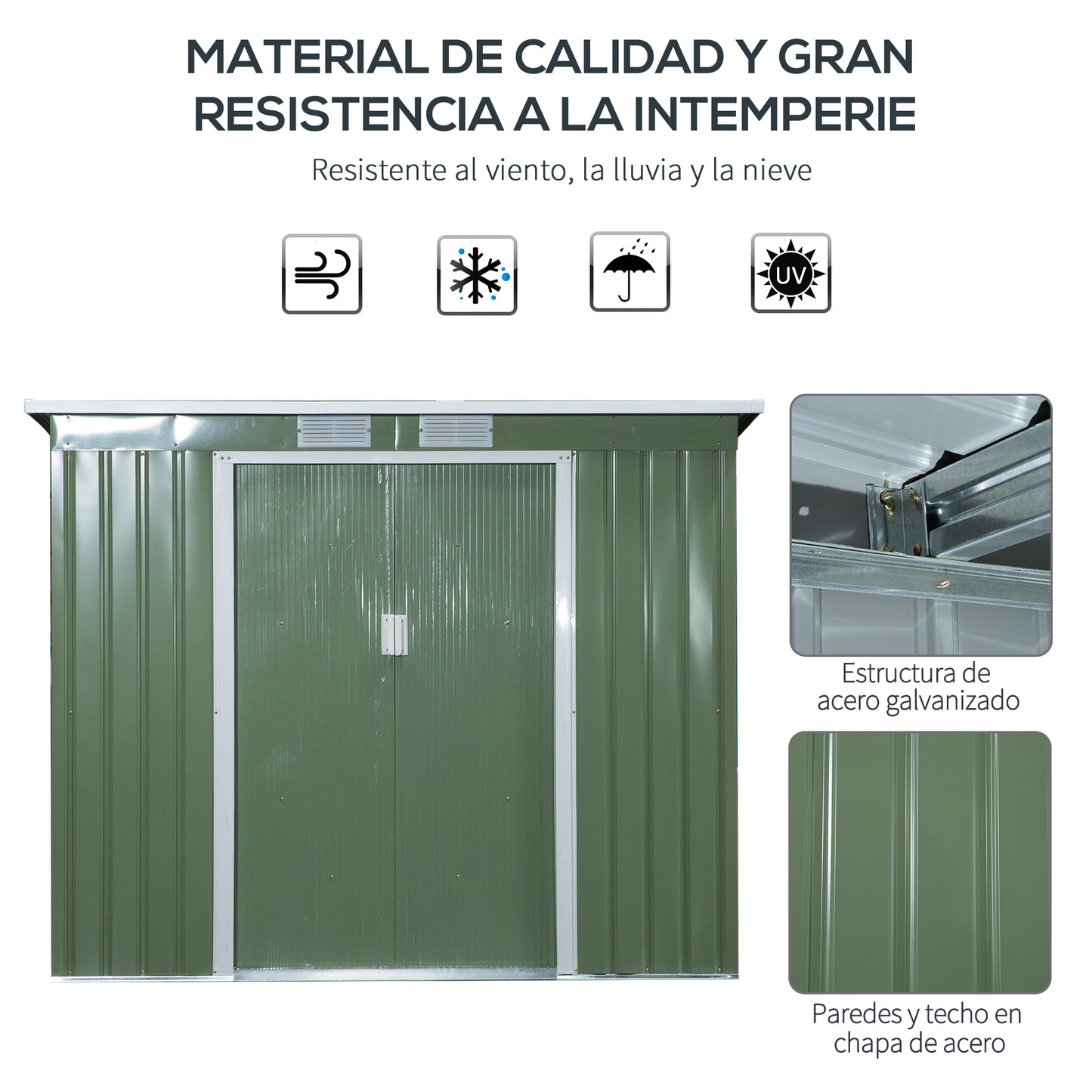 Outsunny Cobertizo de Jardín 213x130x172 cm Base de 2,42 m² Caseta de Exterior Metálica para Almacenamiento de Herramientas con 2 Puertas Correderas y 2 Ventanas Verde