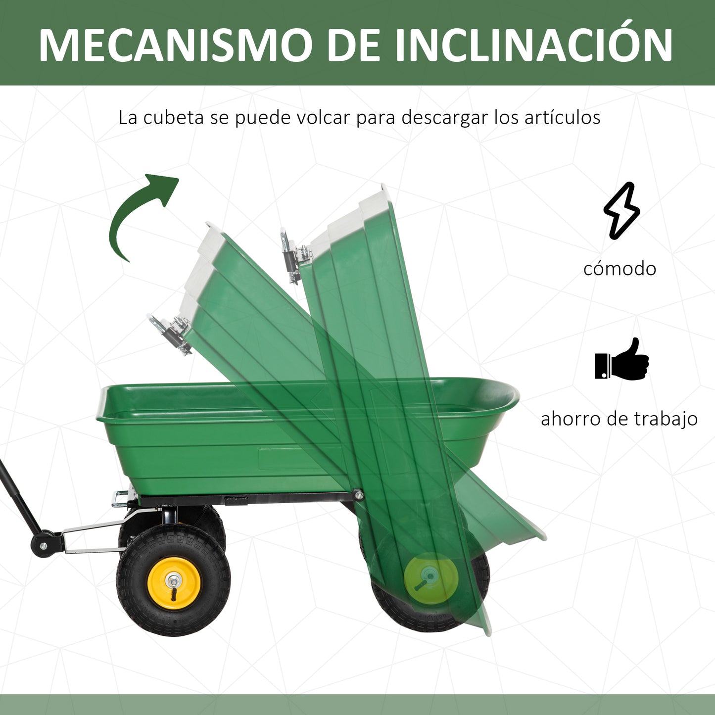 Outsunny Carro de Jardín con Carrocería Inclinable hasta 75° Carretilla de Transporte con Mango Ajustable con 4 Neumáticos Capacidad Max.75 L Acero para Playa 109x52x94 cm Verde Oscuro