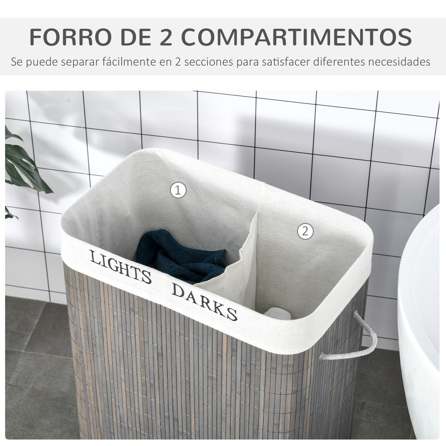 HOMCOM Cesto para Ropa Sucia de Bambú Capacidad de 100L Cesta para la Colada Rectangular con Tapa Extraíble Bolsa de 2 Compartimentos 52x32x63 cm Gris