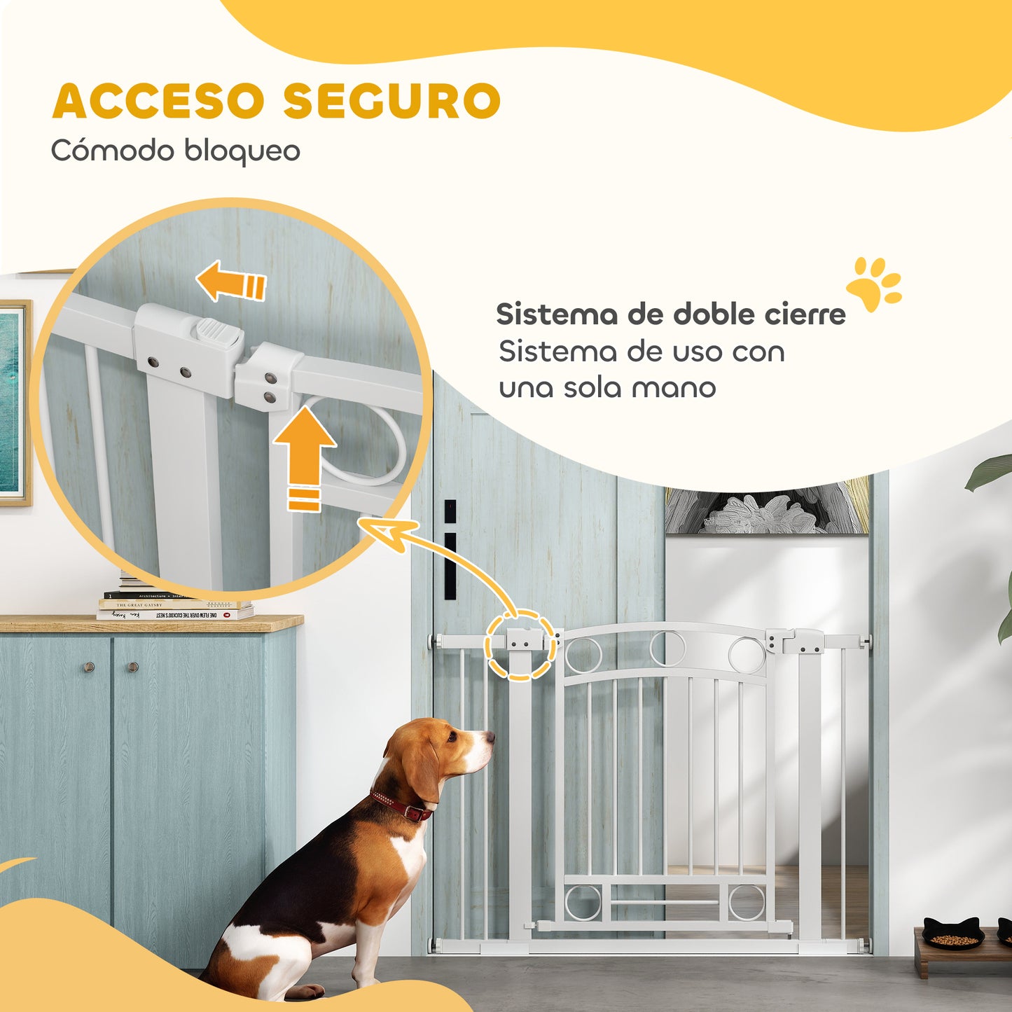 PawHut Barrera para Perros Puerta para Perros con Ancho Ajustable 76-104 cm Barrera de Seguridad para Perros con 2 Extensiones para Escaleras y Puertas Blanco