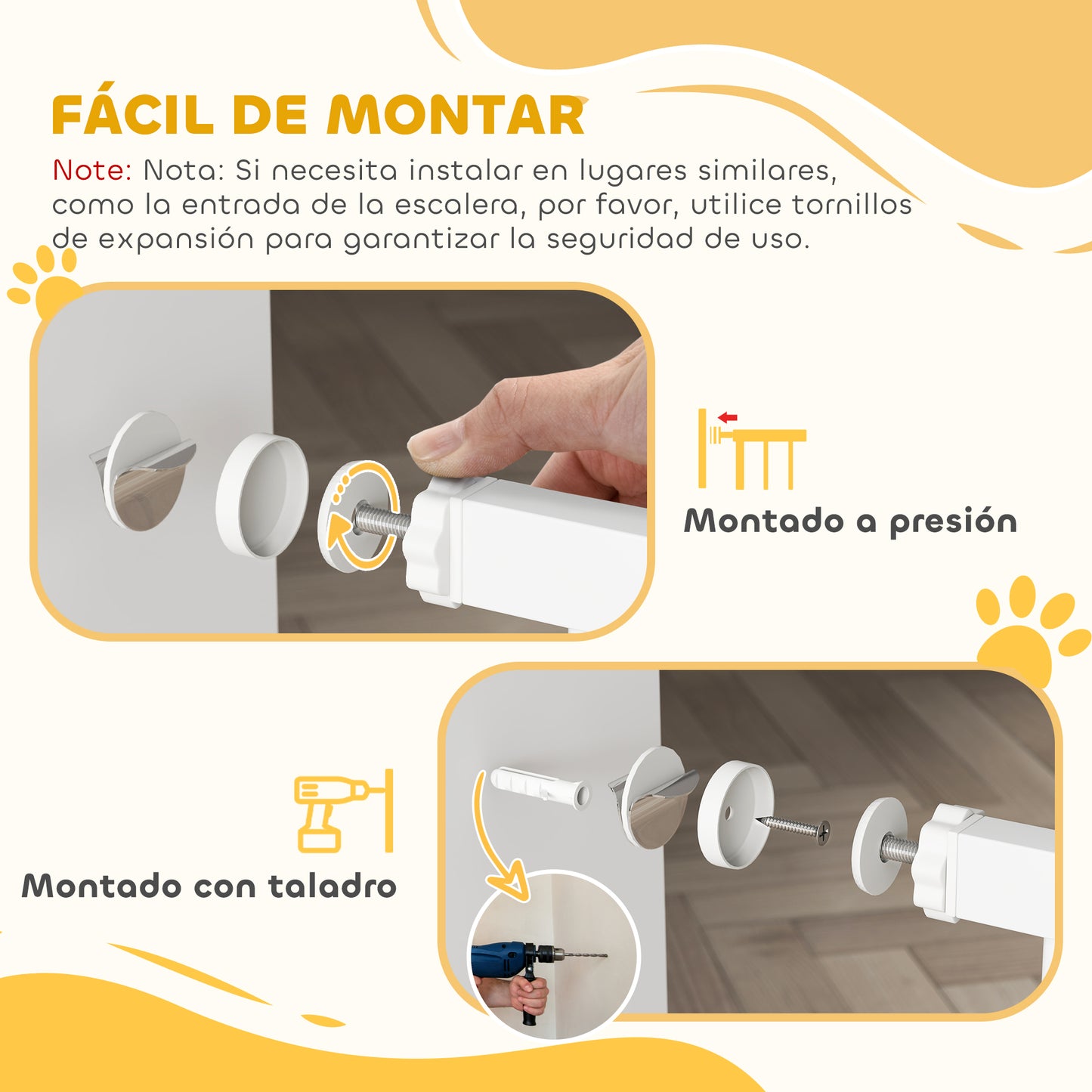 PawHut Barrera para Perros Puerta para Perros con Ancho Ajustable 76-104 cm Barrera de Seguridad para Perros con 2 Extensiones para Escaleras y Puertas Blanco