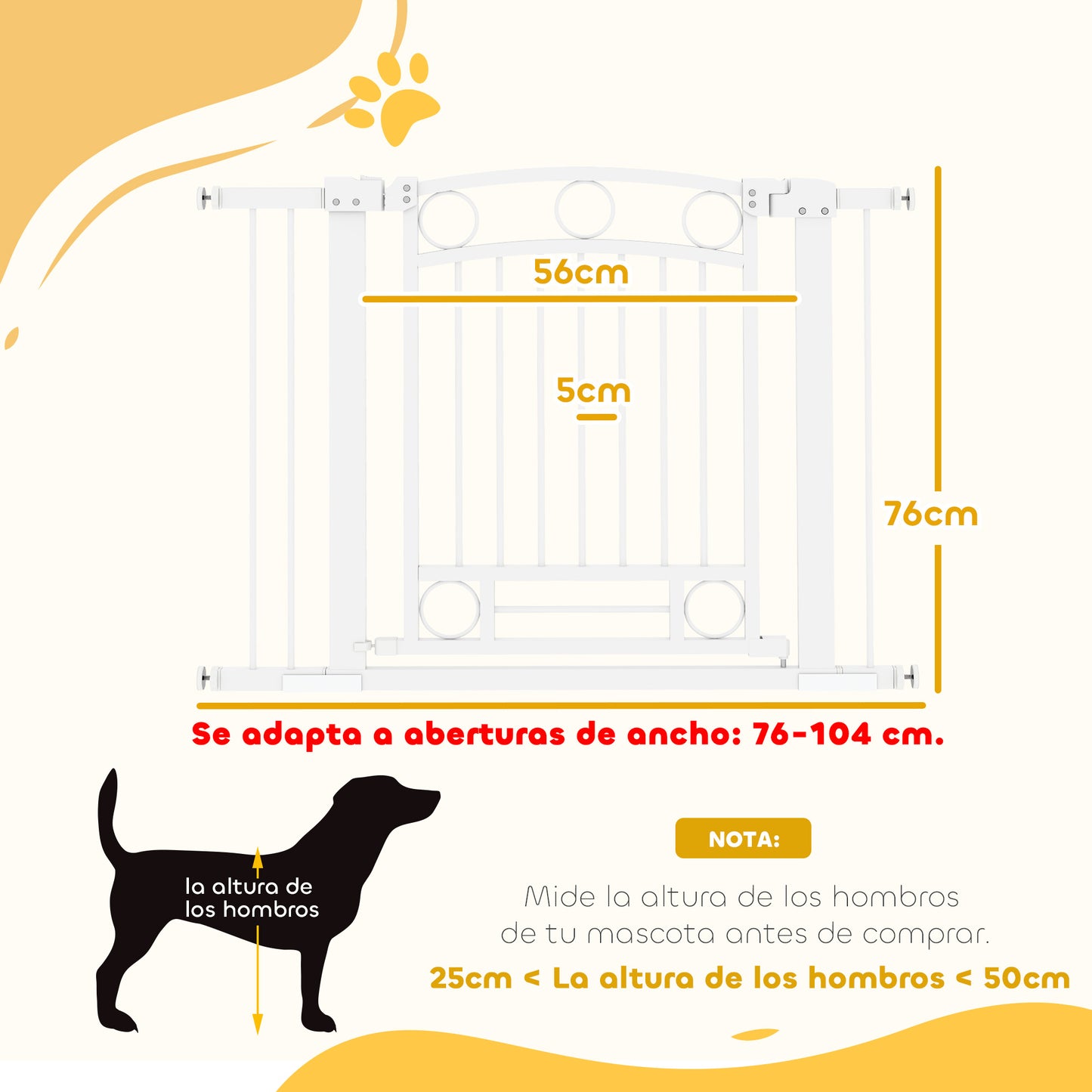 PawHut Barrera para Perros Puerta para Perros con Ancho Ajustable 76-104 cm Barrera de Seguridad para Perros con 2 Extensiones para Escaleras y Puertas Blanco