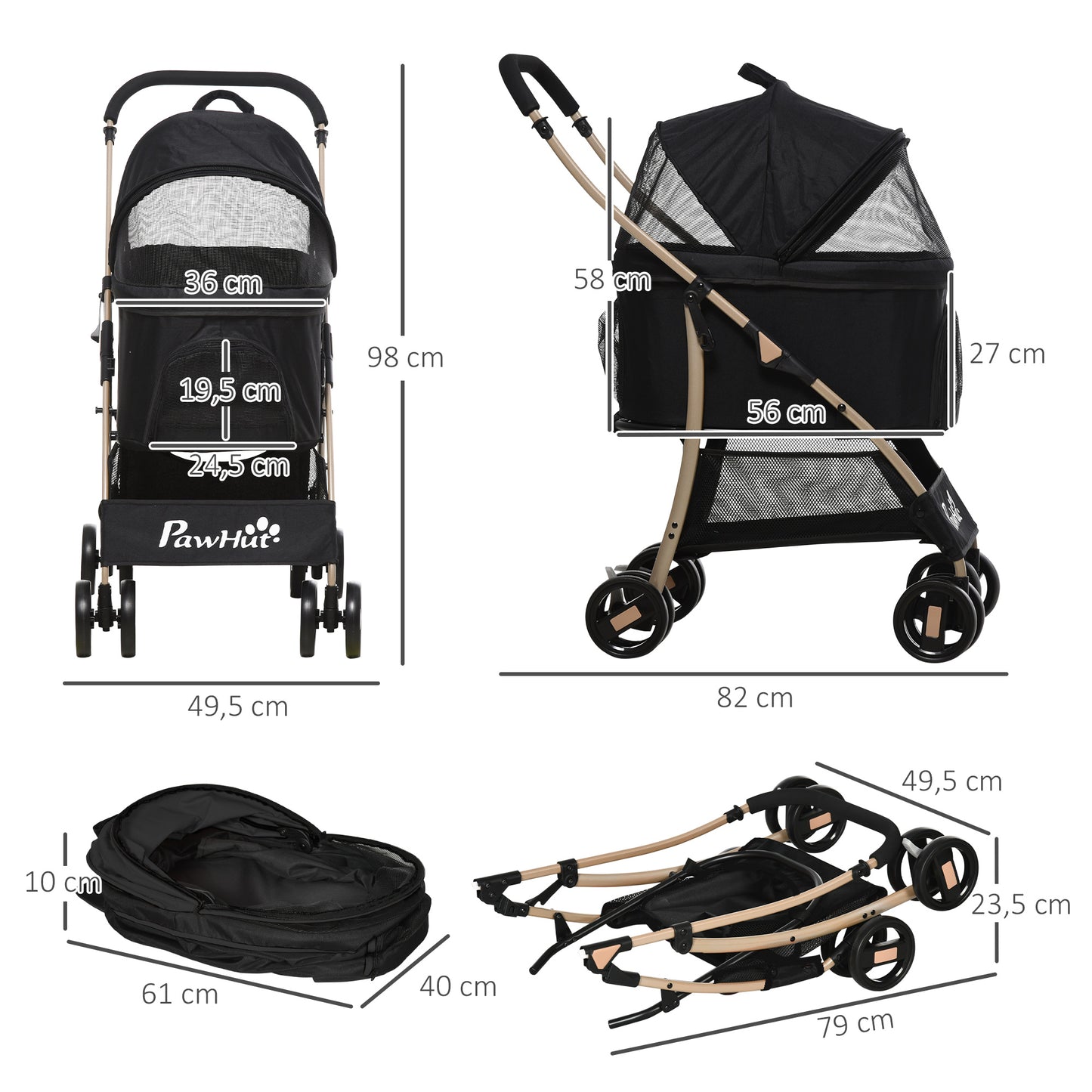 PawHut Carrito para Perros Plegable 3 en 1 Cochecito para Mascotas Carrito para Perros Pequeños con Vagón Desmontable Cesta de Almacenaje Correas de Seguridad y Cojín Negro