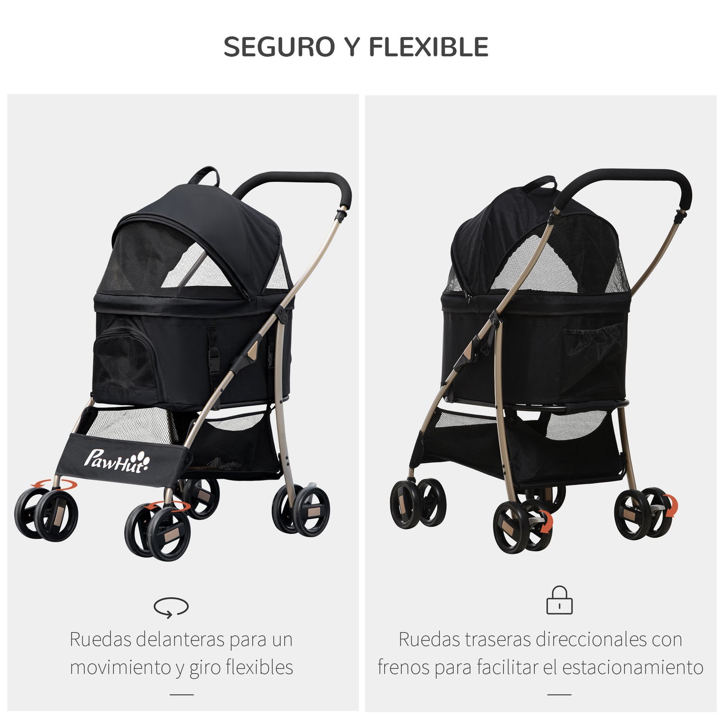 PawHut Carrito para Perros Plegable 3 en 1 Cochecito para Mascotas Carrito para Perros Pequeños con Vagón Desmontable Cesta de Almacenaje Correas de Seguridad y Cojín Negro