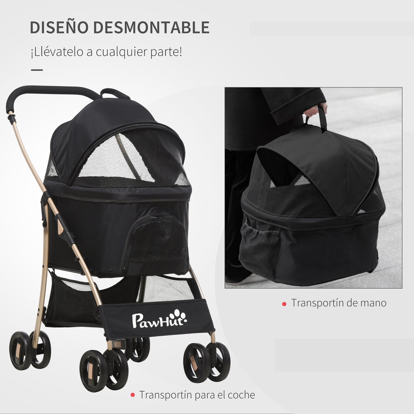 PawHut Carrito para Perros Plegable 3 en 1 Cochecito para Mascotas Carrito para Perros Pequeños con Vagón Desmontable Cesta de Almacenaje Correas de Seguridad y Cojín Negro