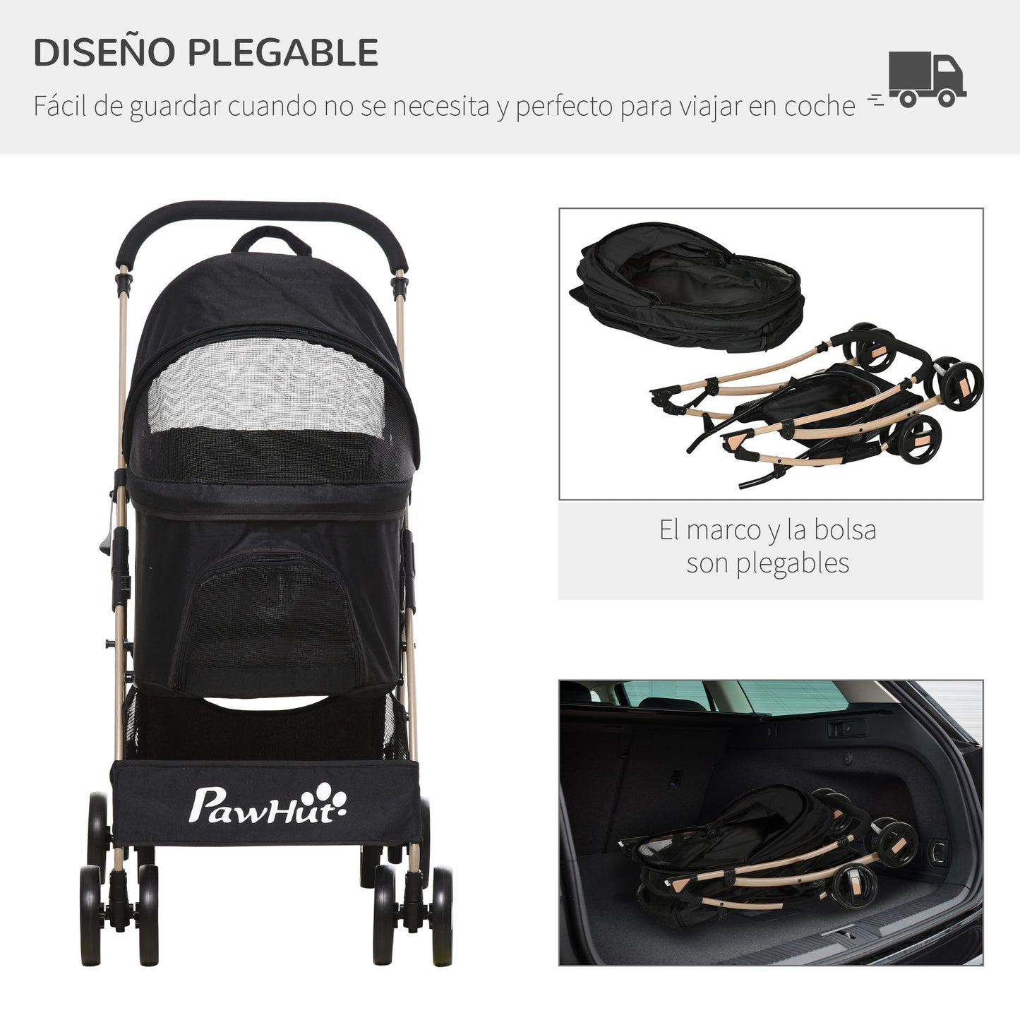 PawHut Carrito para Perros Plegable 3 en 1 Cochecito para Mascotas Carrito para Perros Pequeños con Vagón Desmontable Cesta de Almacenaje Correas de Seguridad y Cojín Negro