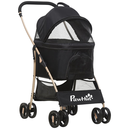 PawHut Carrito para Perros Plegable 3 en 1 Cochecito para Mascotas Carrito para Perros Pequeños con Vagón Desmontable Cesta de Almacenaje Correas de Seguridad y Cojín Negro