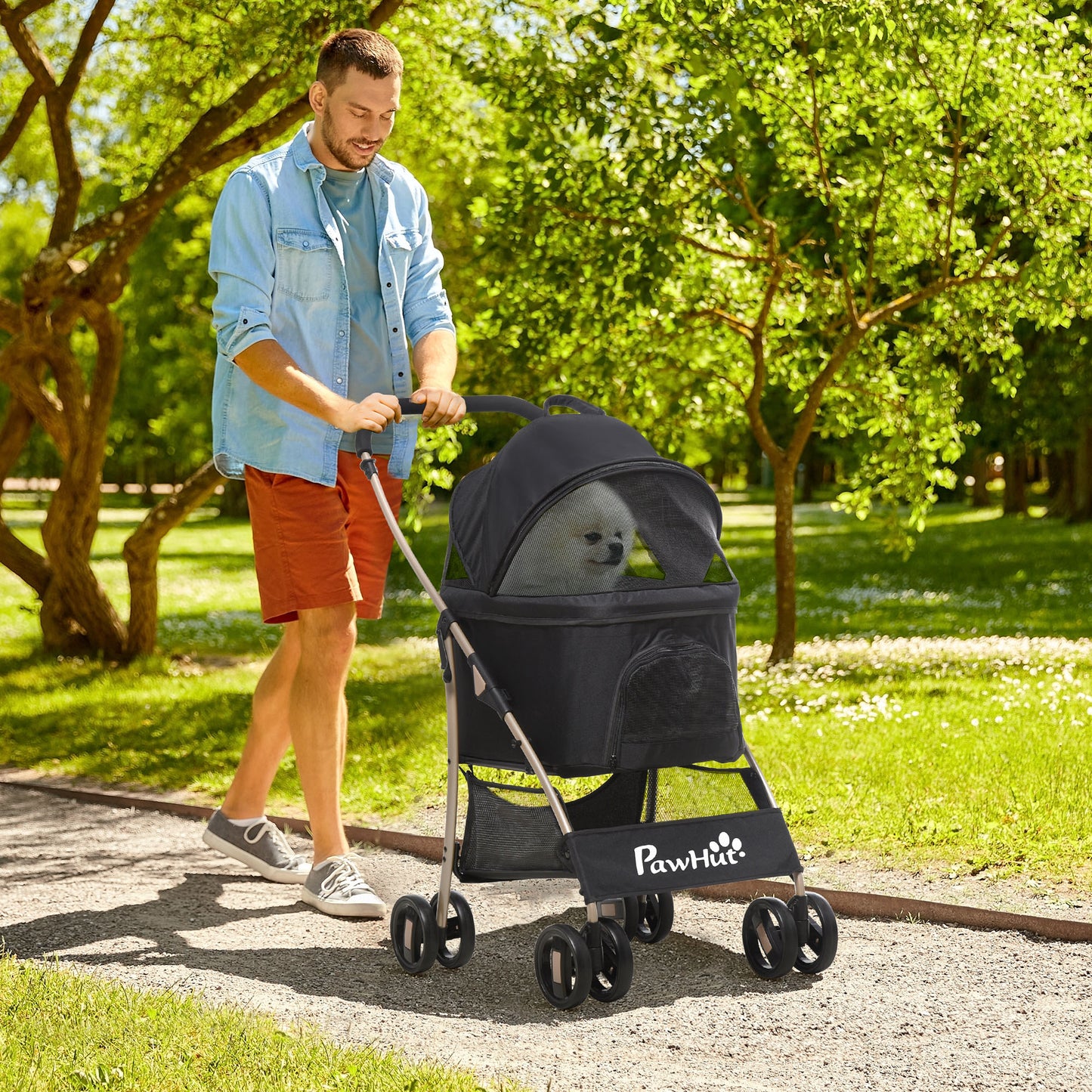 PawHut Carrito para Perros Plegable 3 en 1 Cochecito para Mascotas Carrito para Perros Pequeños con Vagón Desmontable Cesta de Almacenaje Correas de Seguridad y Cojín Negro