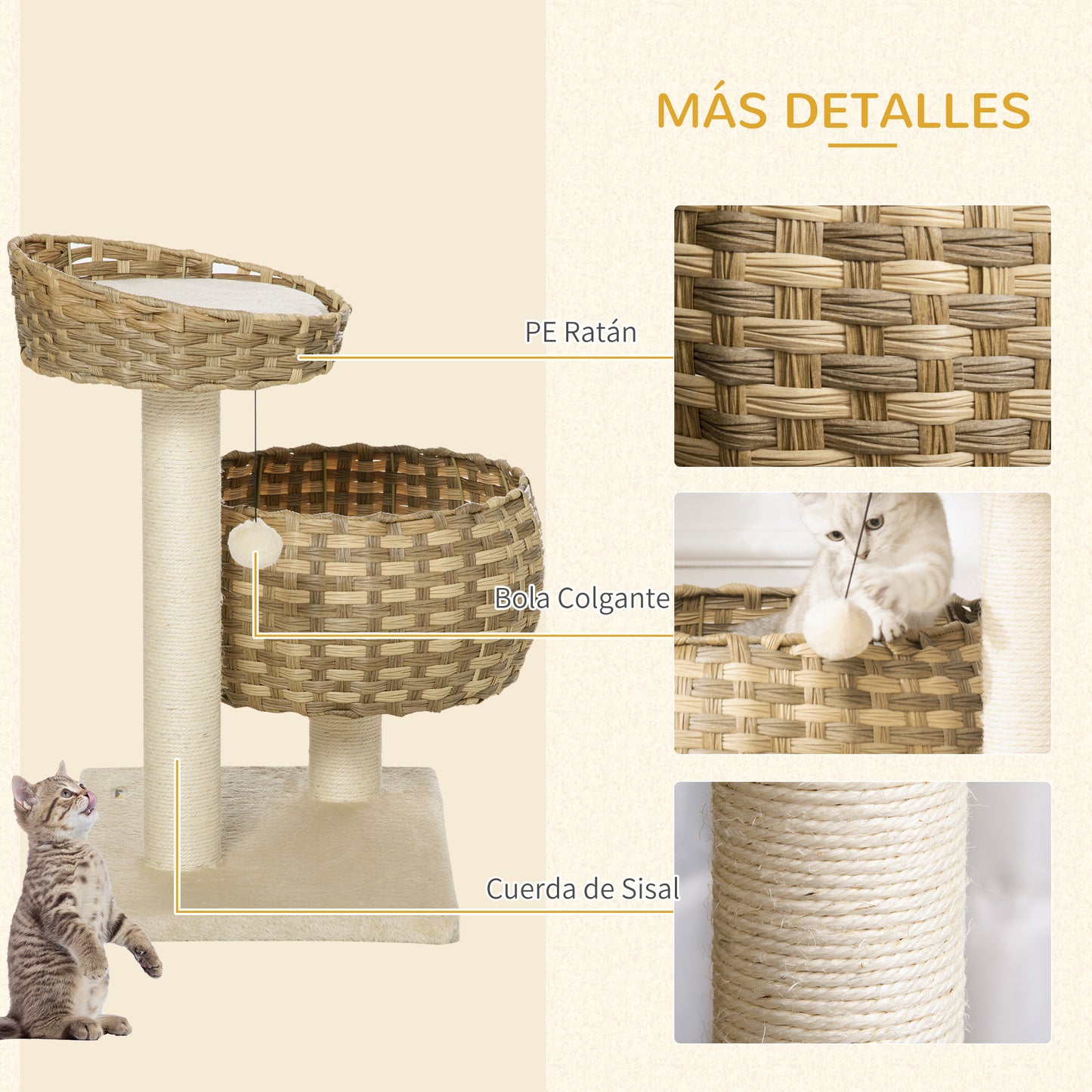 PawHut Árbol para Gatos Mediano con Cama Superior Cesta de Mimbre con Cojines Postes Rascadores de Sisal Natural y Bola Colgante de Juguete 54x40x70 cm Beige