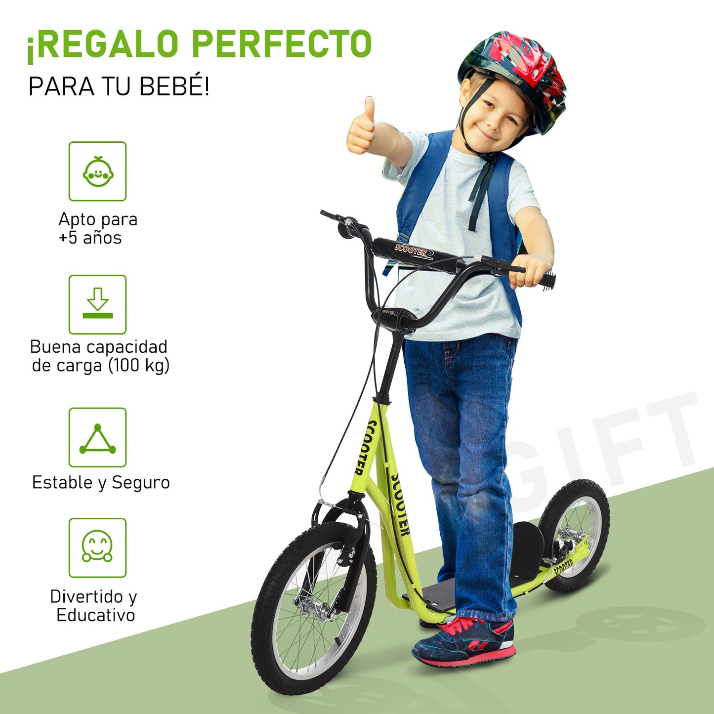 HOMCOM Scooter Patinete para Niños Mayores de 5 Años con 2 Neumáticos de Caucho Inflable con Doble Freno Manillar Ajustable en Altura Soporte 100 kg 135x58x88-94 cm Amarillo