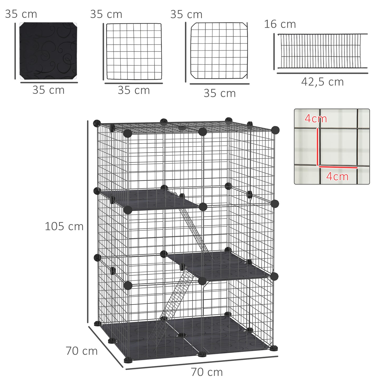 PawHut Jaula para Animales Pequeños de 3 Niveles Parque para Mascotas con 39 Paneles 35x35 cm Rampas y Forma Personalizable para Cobayas Conejos Chinchillas 70x70x105 cm Negro