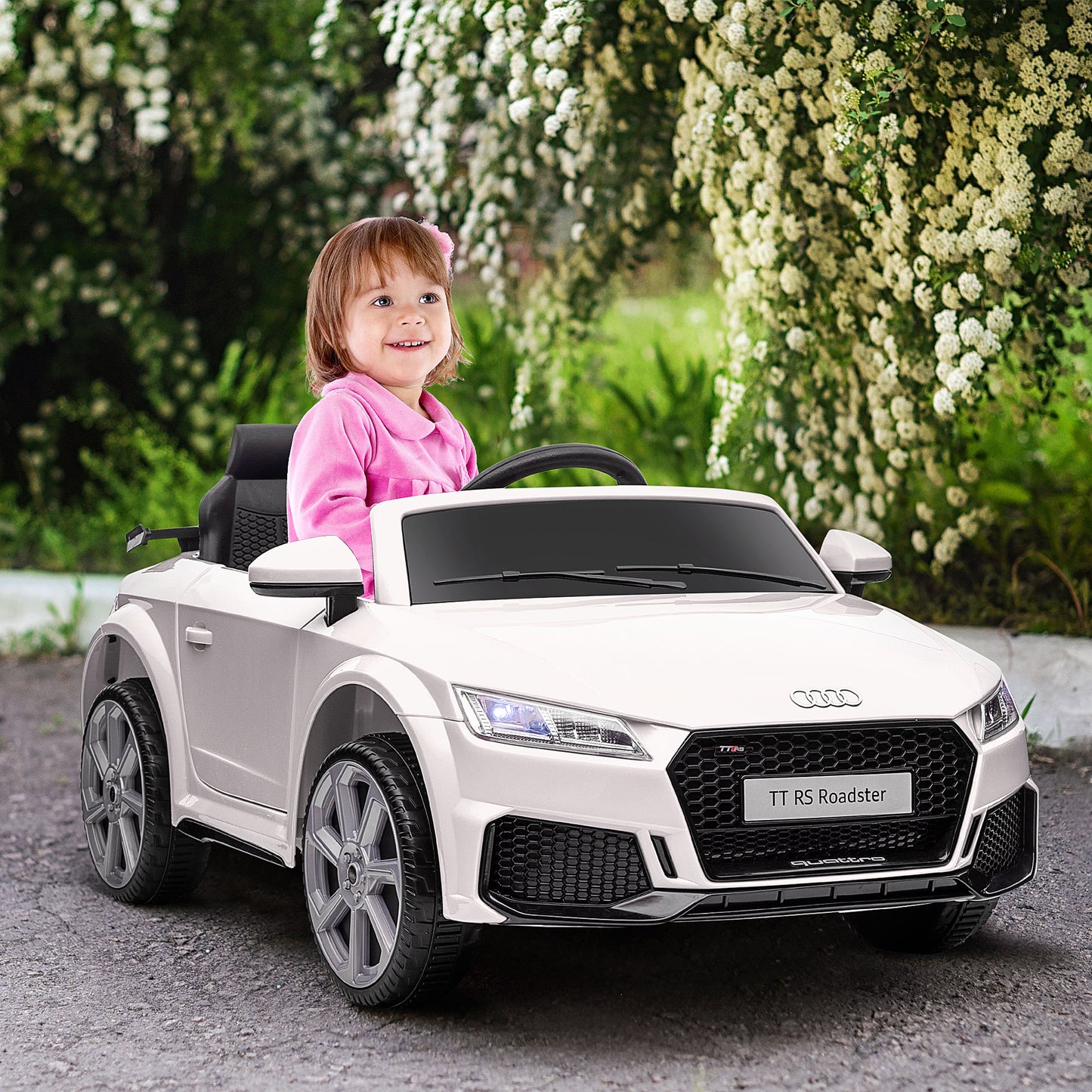 HOMCOM Coche Eléctrico para Niños de 3+ Años Audi TT Eléctrico Infantil 12V con Velocidad 3 km/h Mando a Distancia Música Luces Doble Apertura de Puerta 102x60x44 cm Blanco