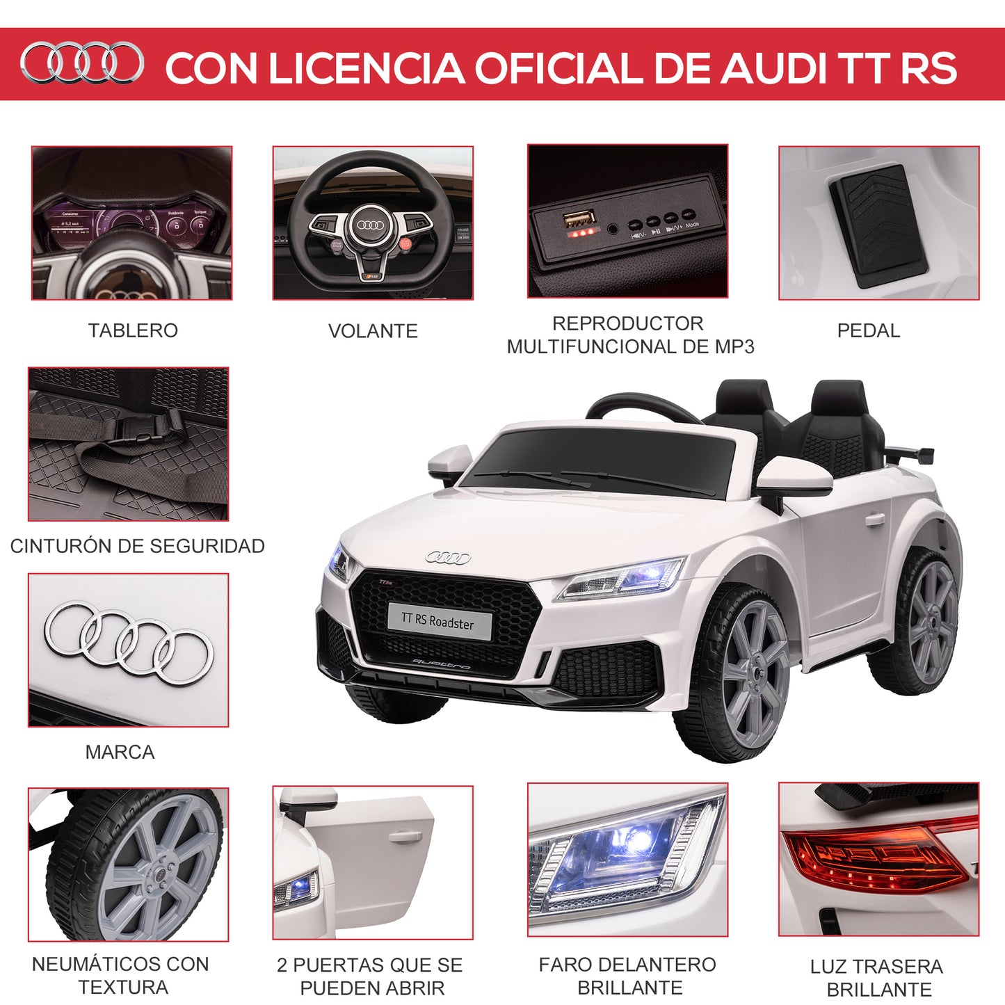 HOMCOM Coche Eléctrico para Niños de 3+ Años Audi TT Eléctrico Infantil 12V con Velocidad 3 km/h Mando a Distancia Música Luces Doble Apertura de Puerta 102x60x44 cm Blanco