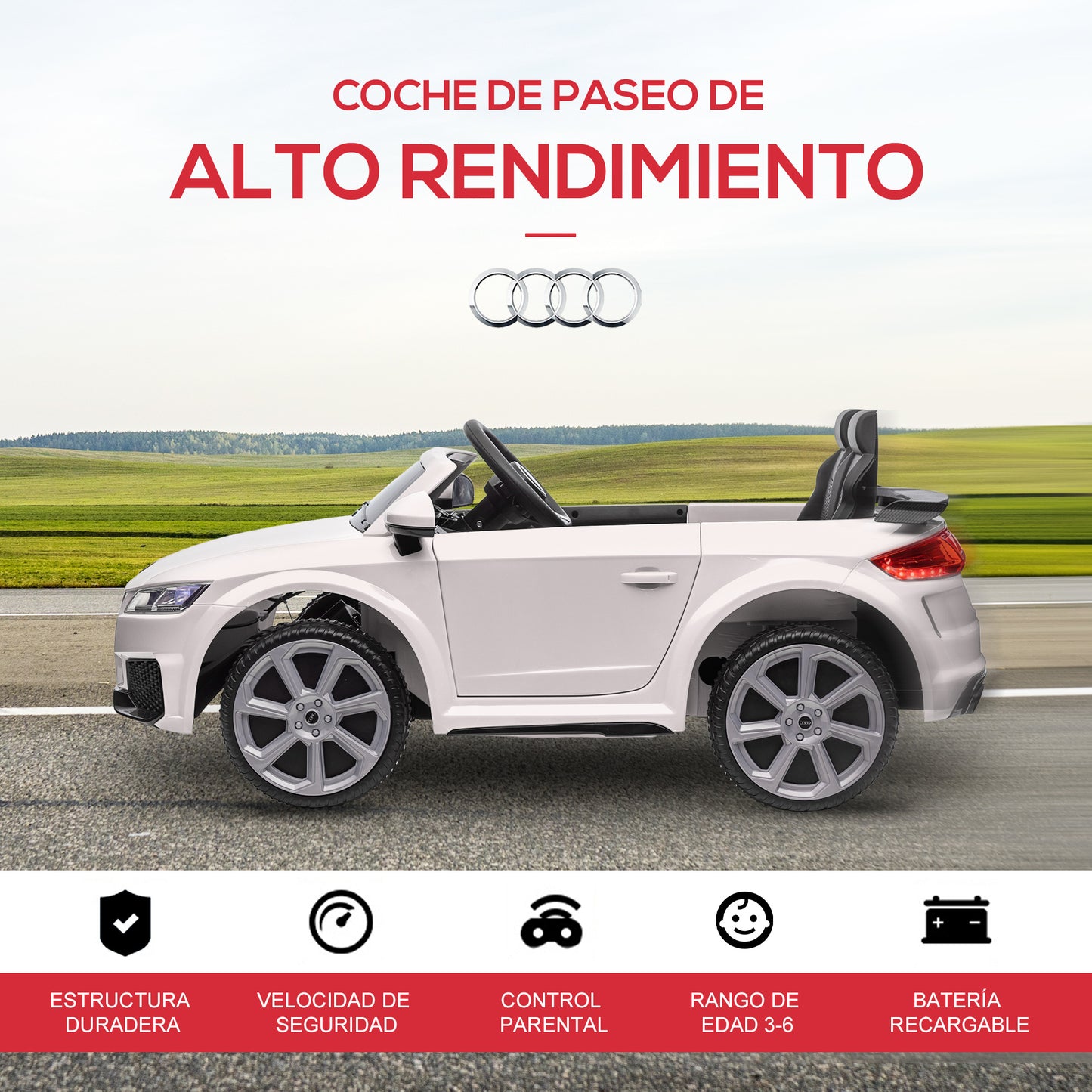 HOMCOM Coche Eléctrico para Niños de 3+ Años Audi TT Eléctrico Infantil 12V con Velocidad 3 km/h Mando a Distancia Música Luces Doble Apertura de Puerta 102x60x44 cm Blanco