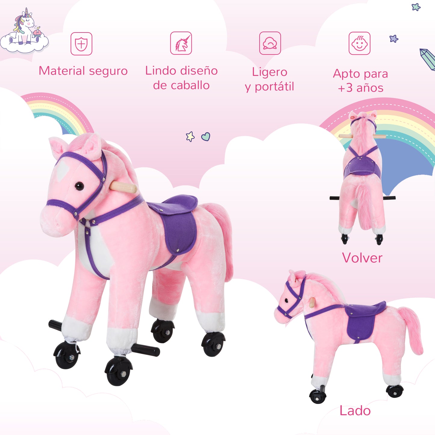 HOMCOM Caballito para Bebes de +36 Meses Caballo con Ruedas Sonidos de Relincho Palos y Pedales Carga 60 kg 55x23x60 cm Rosa