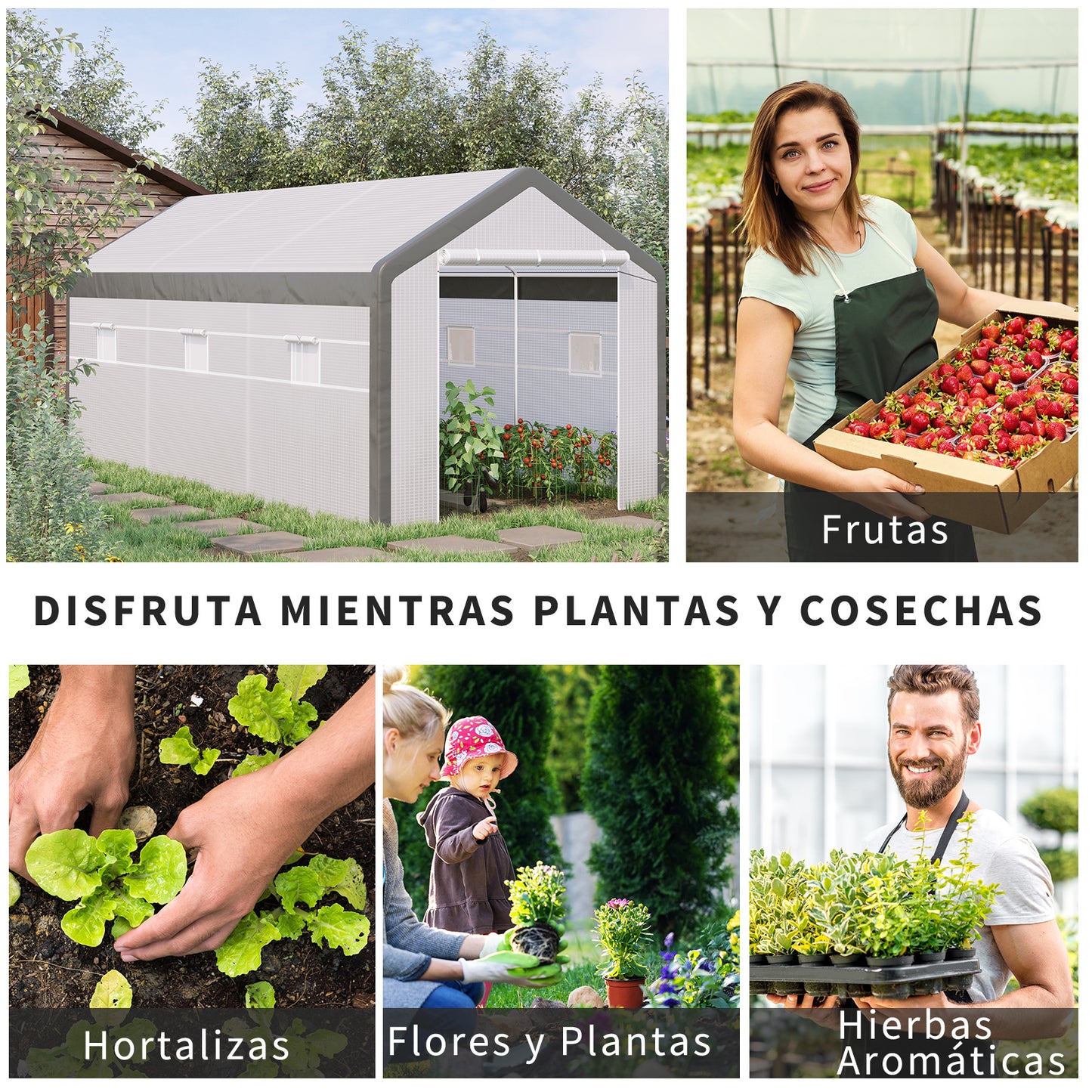 Outsunny Invernadero de Jardín 600x300x280 cm Invernadero de Túnel para Cultivo de Plantas Verduras con 2 Puertas 6 Ventanas Enrollables y Cubierta de Polietileno PE 140g/m² Blanco