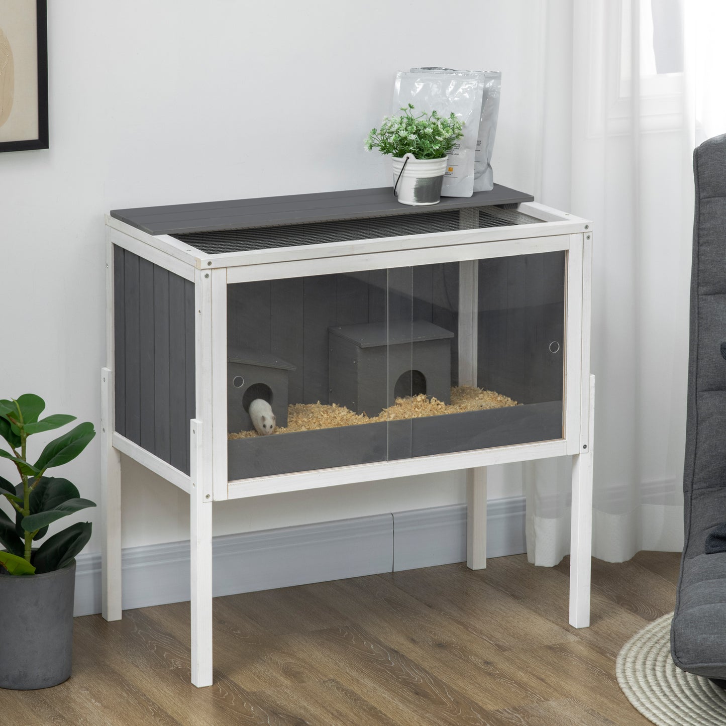 PawHut Jaula para Hámster de Madera 82x45x81 cm Casa para Roedores con 2 Puertas de Acrílico Estante Extraíble 2 Casitas para Animales Pequeños Gris Oscuro