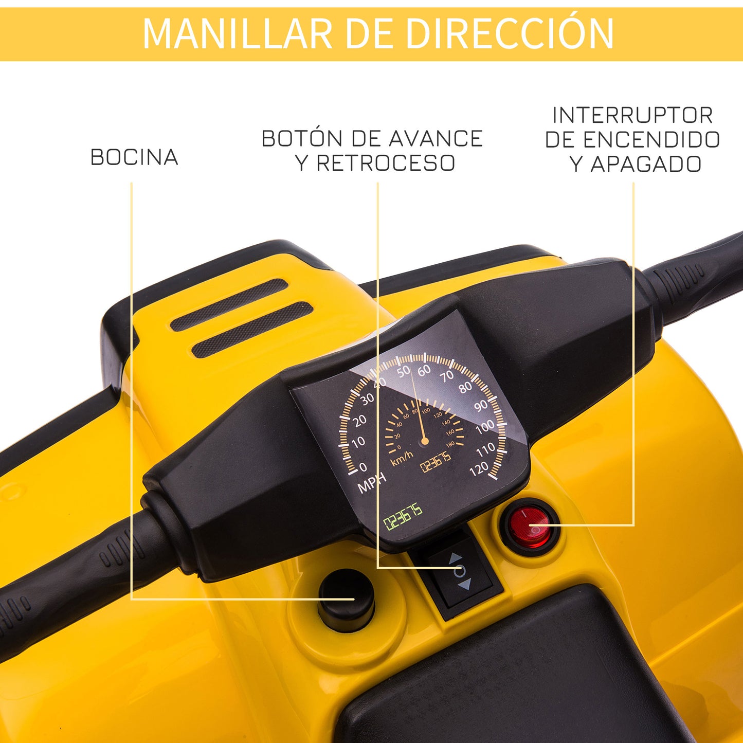 HOMCOM Quad Eléctrico para Niños 18-36 Meses Cuatrimoto Infantil a Batería 6V con Faros Bocina Velocidad 0-3 km/h Avance y Retroceso 65x40x43 cm Amarillo