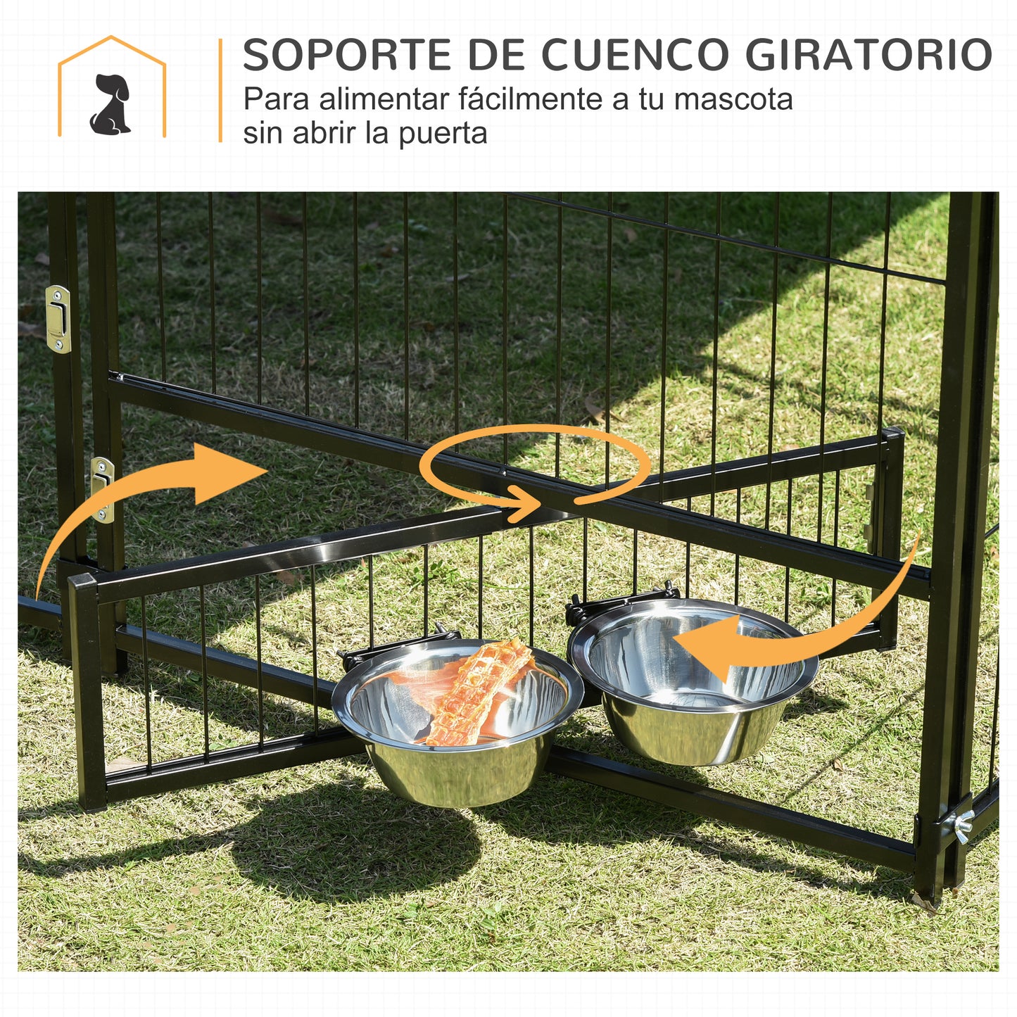 PawHut Perrera con Toldo Parque para Perros Metálica de Exterior con Soporte Giratorio para Comida 2 Cuencos para Patio Jardín Terraza 141x141x151 cm Negro