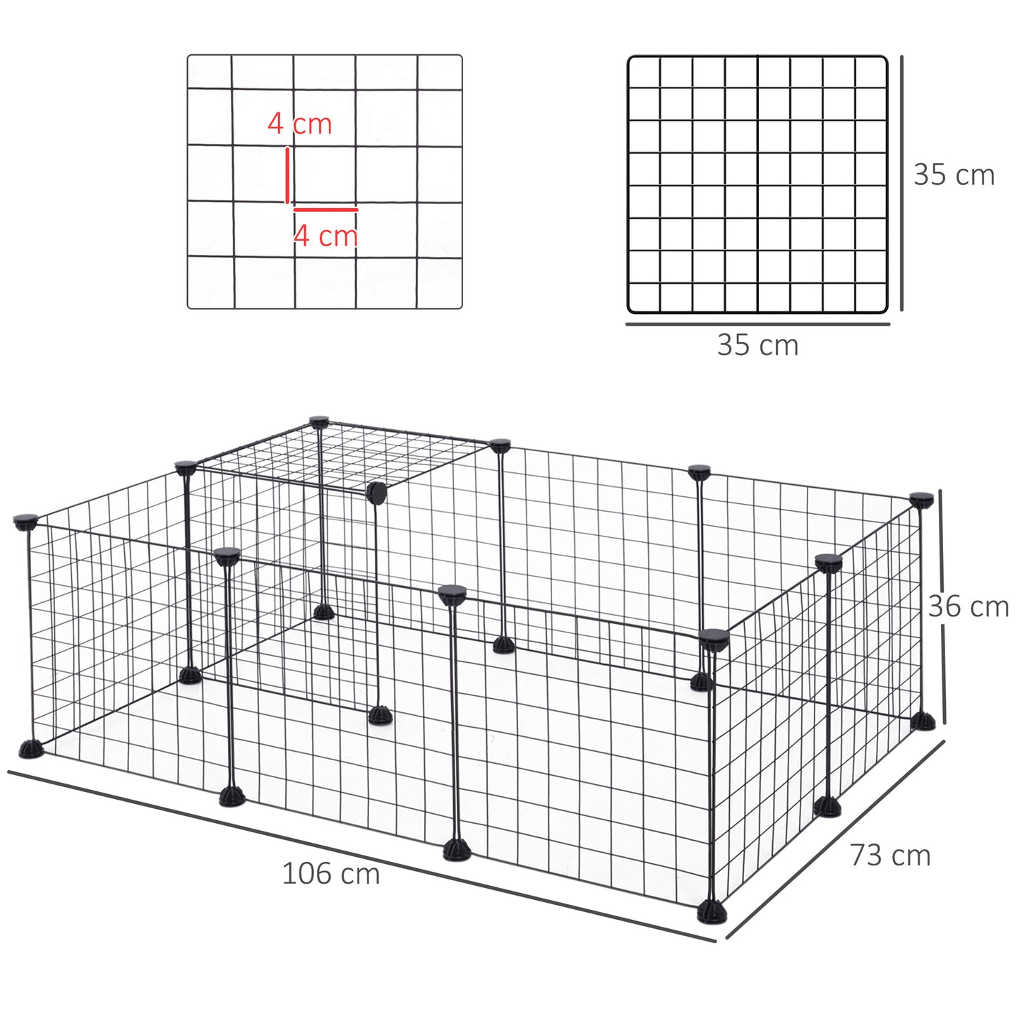 PawHut Valla Metálica para Mascotas con 12 Paneles Parque Metálica para Animales Pequeños Desmontable Diseño DIY para Erizo Hamsters Conejos 106x73x36 cm Negro