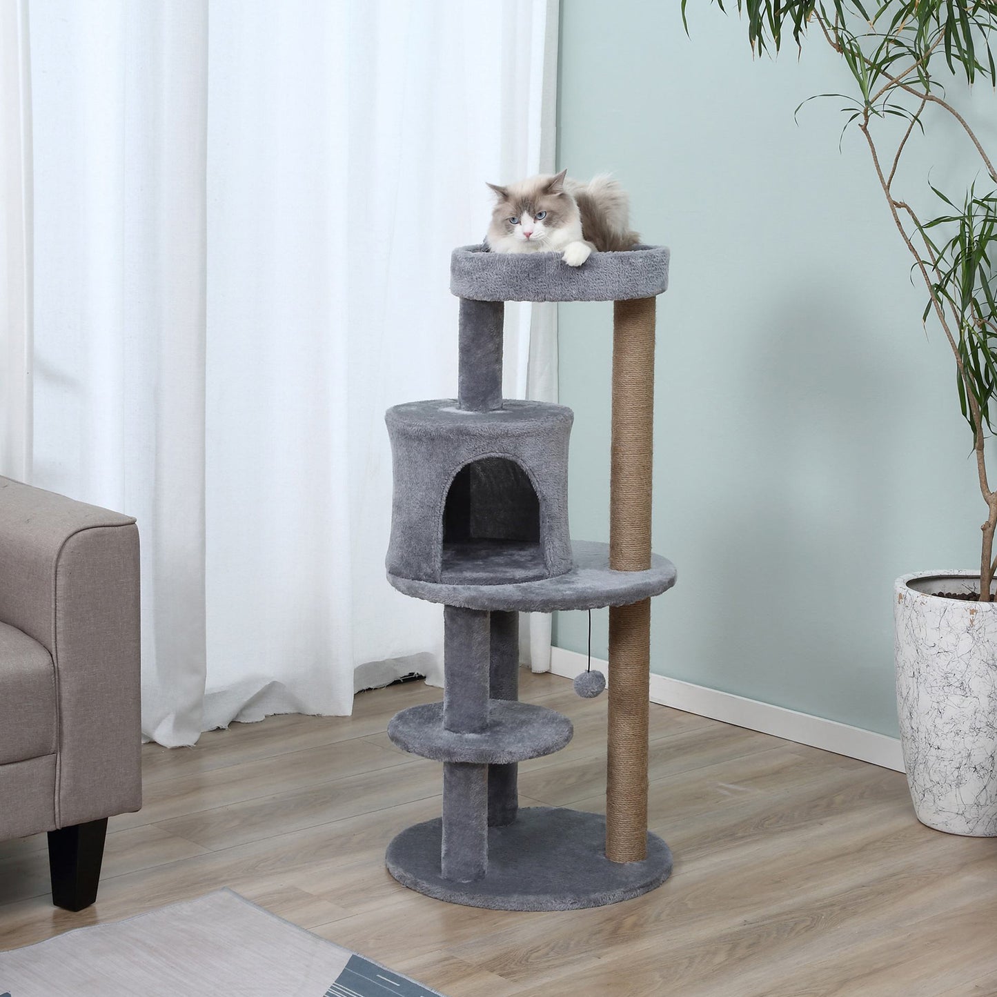 PawHut Árbol Rascador para Gatos de 104 cm Rascador para Gatos con Plataformas Refugio Postes de Sisal y Bola Colgante 48x48x104 cm Gris