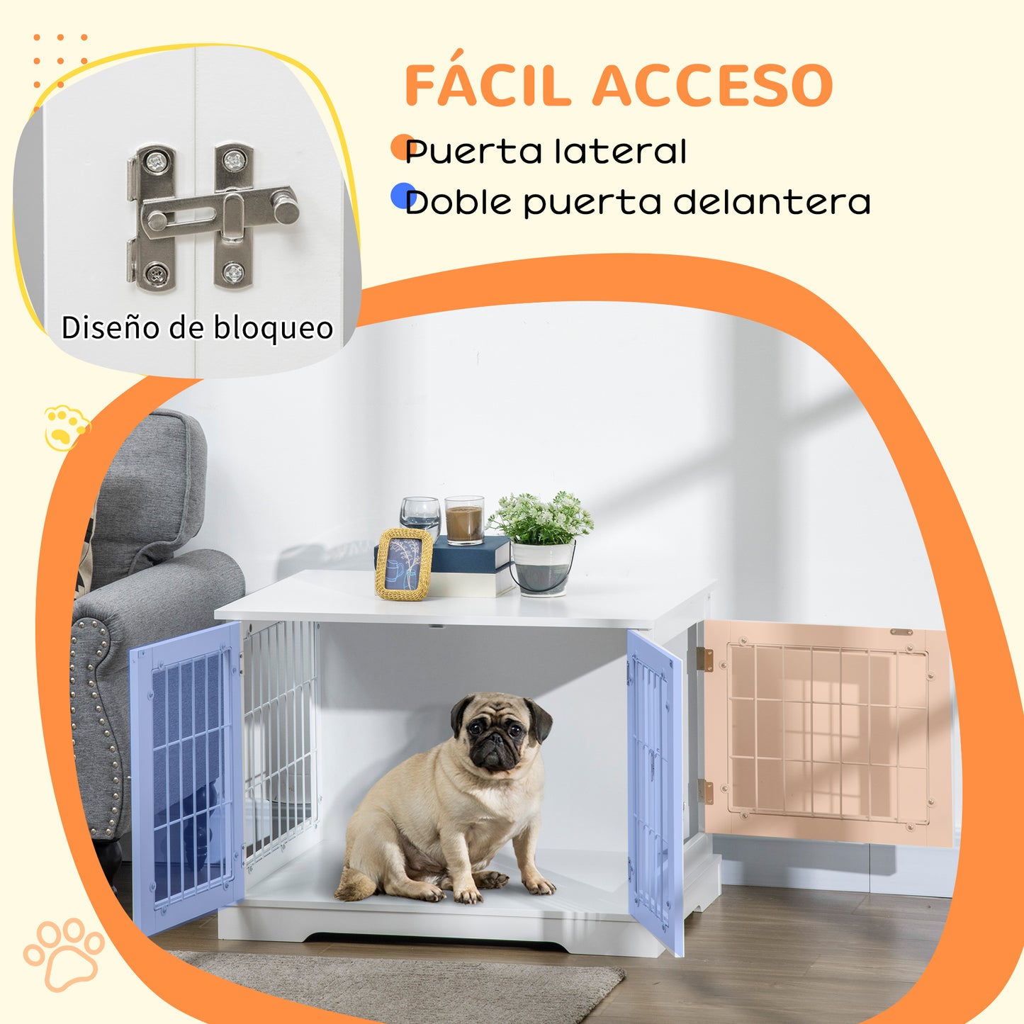 PawHut Conjunto para Mascotas Juego de Jaula para Perros de Madera con 2 Puertas y Comedero Elevado para Perros con 2 Cuencos Extraíbles de Acero 76x54,5x56 cm 44x24x15 cm Blanco