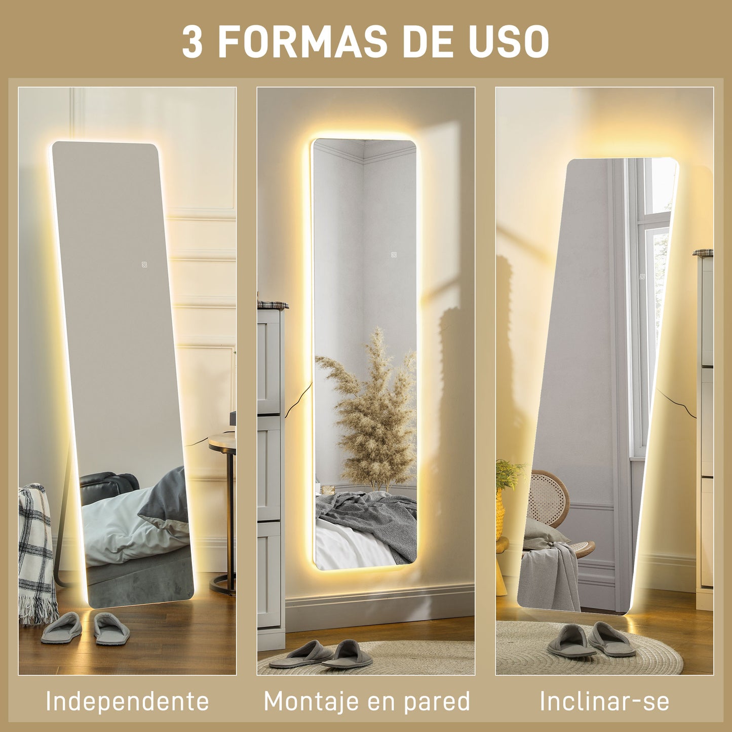 HOMCOM Espejo de Cuerpo Entero con Luz LED 150x40 cm Espejo de Pie o de Pared sin Marco con Iluminación de 3 Colores Función de Memoria y Táctil Inteligente para Salón Dormitorio Transparente