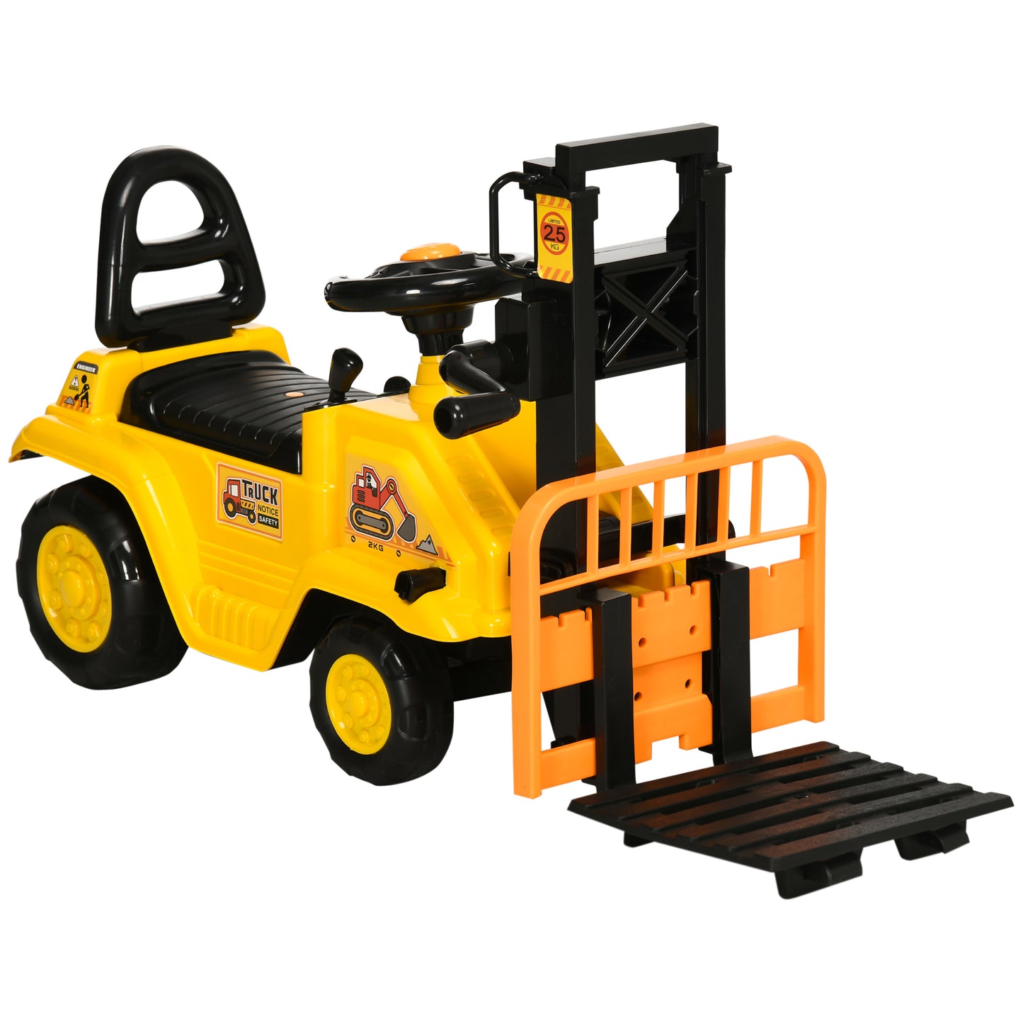 HOMCOM Tractor sin Pedales para Niños de +3 Años Carretilla Elevadora de Juguete con Horquilla Móvil Bocina y Asiento de Alamcenaje Oculto Carga 30 kg 86x27,5x47,5 cm Amarillo