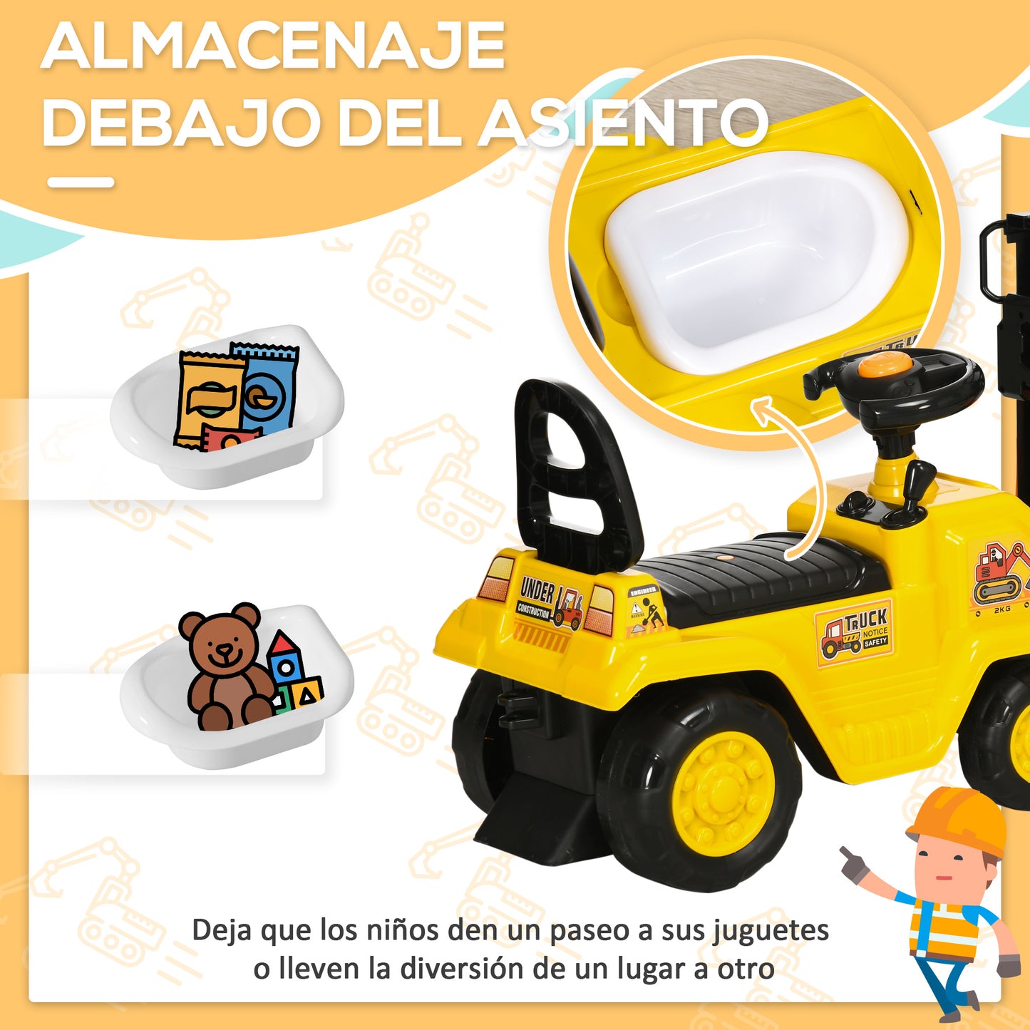 HOMCOM Tractor sin Pedales para Niños de +3 Años Carretilla Elevadora de Juguete con Horquilla Móvil Bocina y Asiento de Alamcenaje Oculto Carga 30 kg 86x27,5x47,5 cm Amarillo