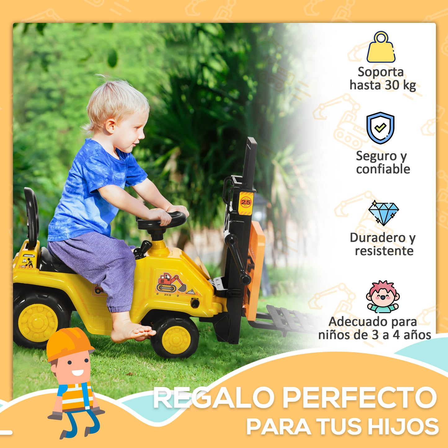 HOMCOM Tractor sin Pedales para Niños de +3 Años Carretilla Elevadora de Juguete con Horquilla Móvil Bocina y Asiento de Alamcenaje Oculto Carga 30 kg 86x27,5x47,5 cm Amarillo