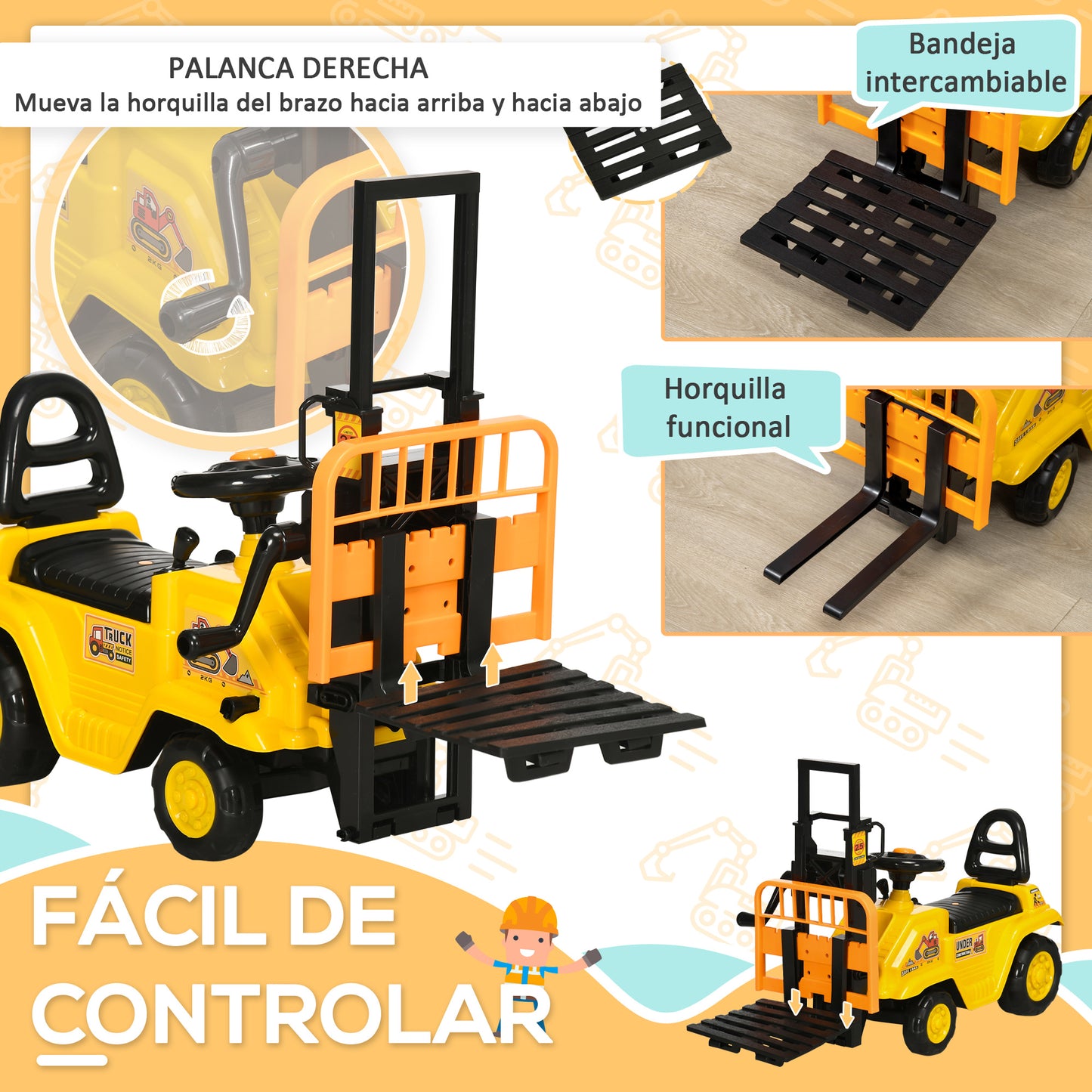 HOMCOM Tractor sin Pedales para Niños de +3 Años Carretilla Elevadora de Juguete con Horquilla Móvil Bocina y Asiento de Alamcenaje Oculto Carga 30 kg 86x27,5x47,5 cm Amarillo