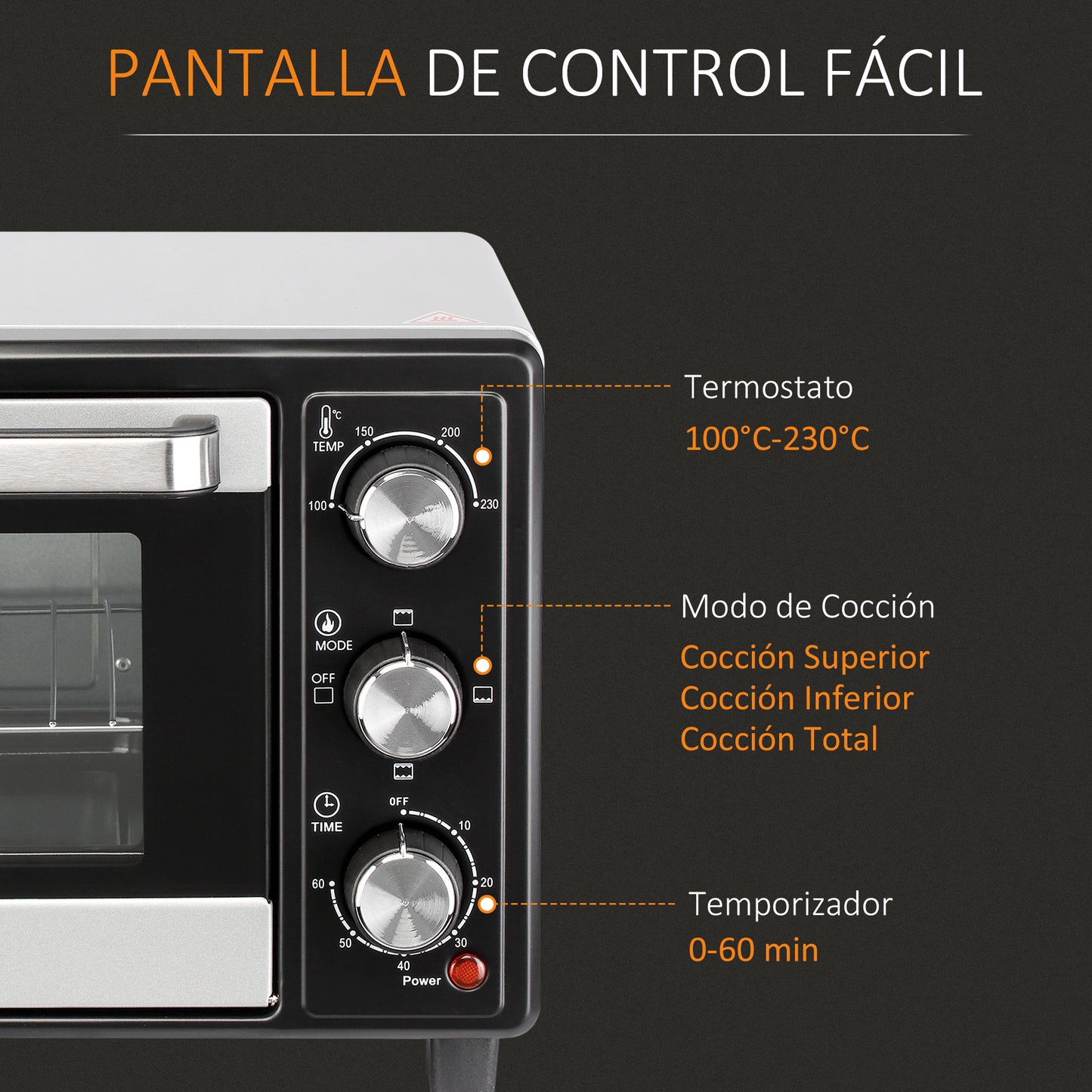 HOMCOM Horno Eléctrico de Sobremesa 16L 1400W Horno Portátil Mini Horno con 3 Modos de Calor Temperatura hasta 230 ℃ Temporizador Bandeja de Horneado y Rejilla 44x32x28,1 cm Plata