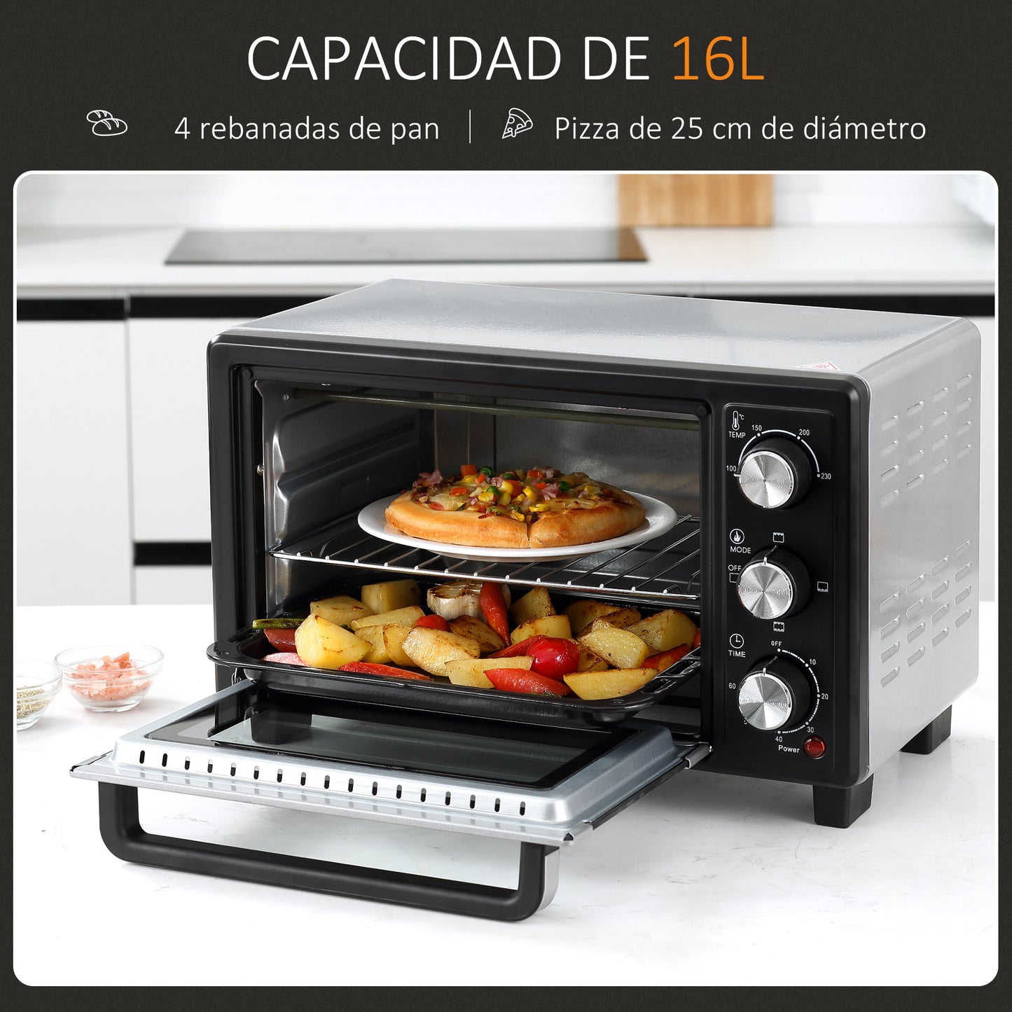 HOMCOM Horno Eléctrico de Sobremesa 16L 1400W Horno Portátil Mini Horno con 3 Modos de Calor Temperatura hasta 230 ℃ Temporizador Bandeja de Horneado y Rejilla 44x32x28,1 cm Plata