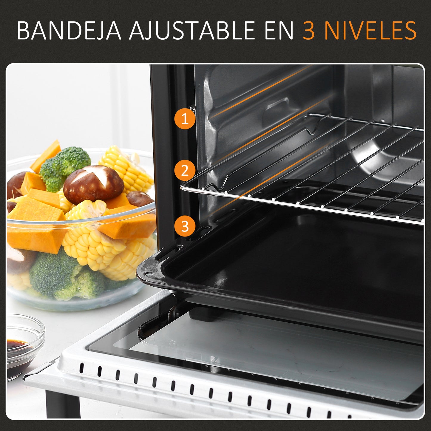 HOMCOM Horno Eléctrico de Sobremesa 16L 1400W Horno Portátil Mini Horno con 3 Modos de Calor Temperatura hasta 230 ℃ Temporizador Bandeja de Horneado y Rejilla 44x32x28,1 cm Plata