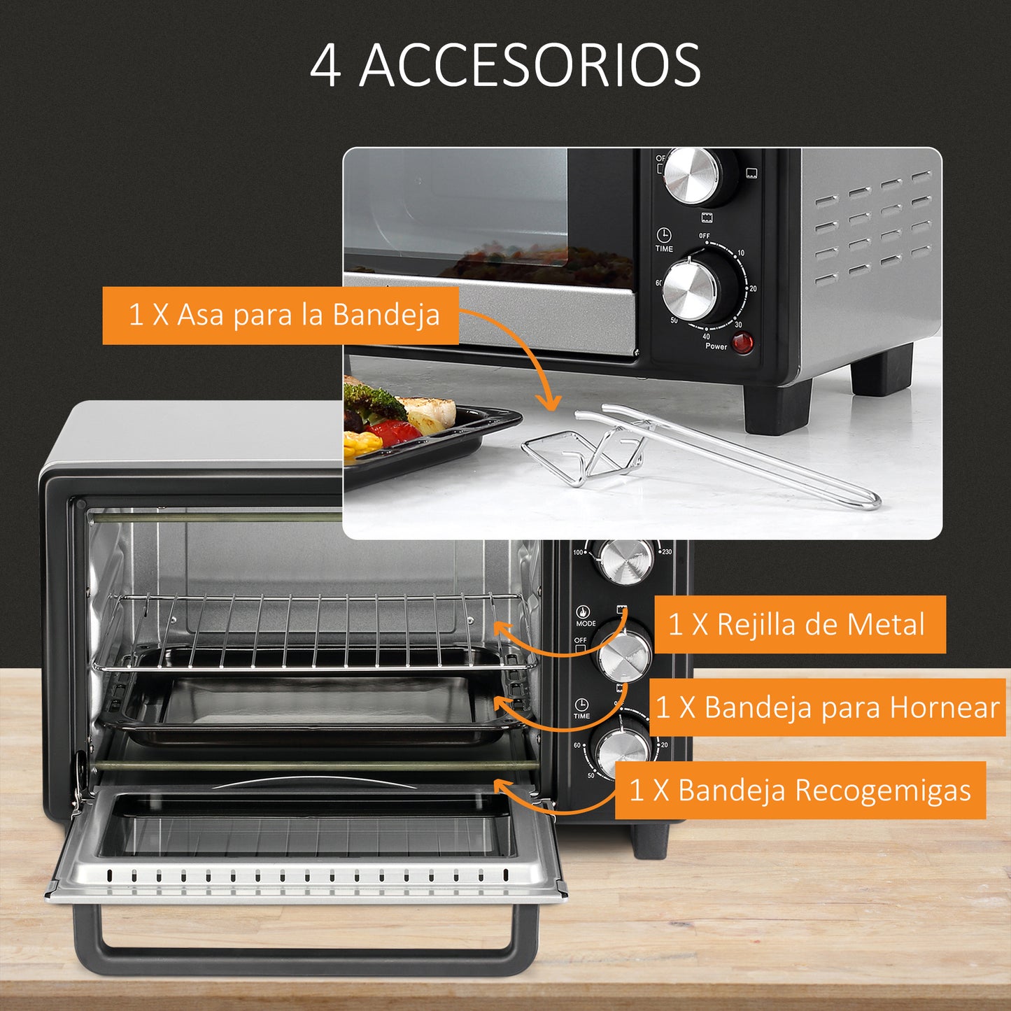 HOMCOM Horno Eléctrico de Sobremesa 16L 1400W Horno Portátil Mini Horno con 3 Modos de Calor Temperatura hasta 230 ℃ Temporizador Bandeja de Horneado y Rejilla 44x32x28,1 cm Plata