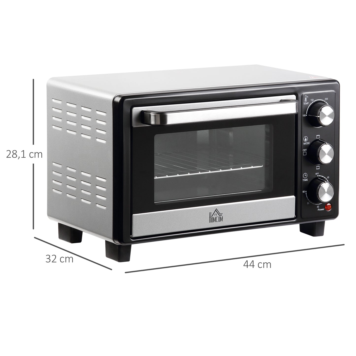 HOMCOM Horno Eléctrico de Sobremesa 16L 1400W Horno Portátil Mini Horno con 3 Modos de Calor Temperatura hasta 230 ℃ Temporizador Bandeja de Horneado y Rejilla 44x32x28,1 cm Plata