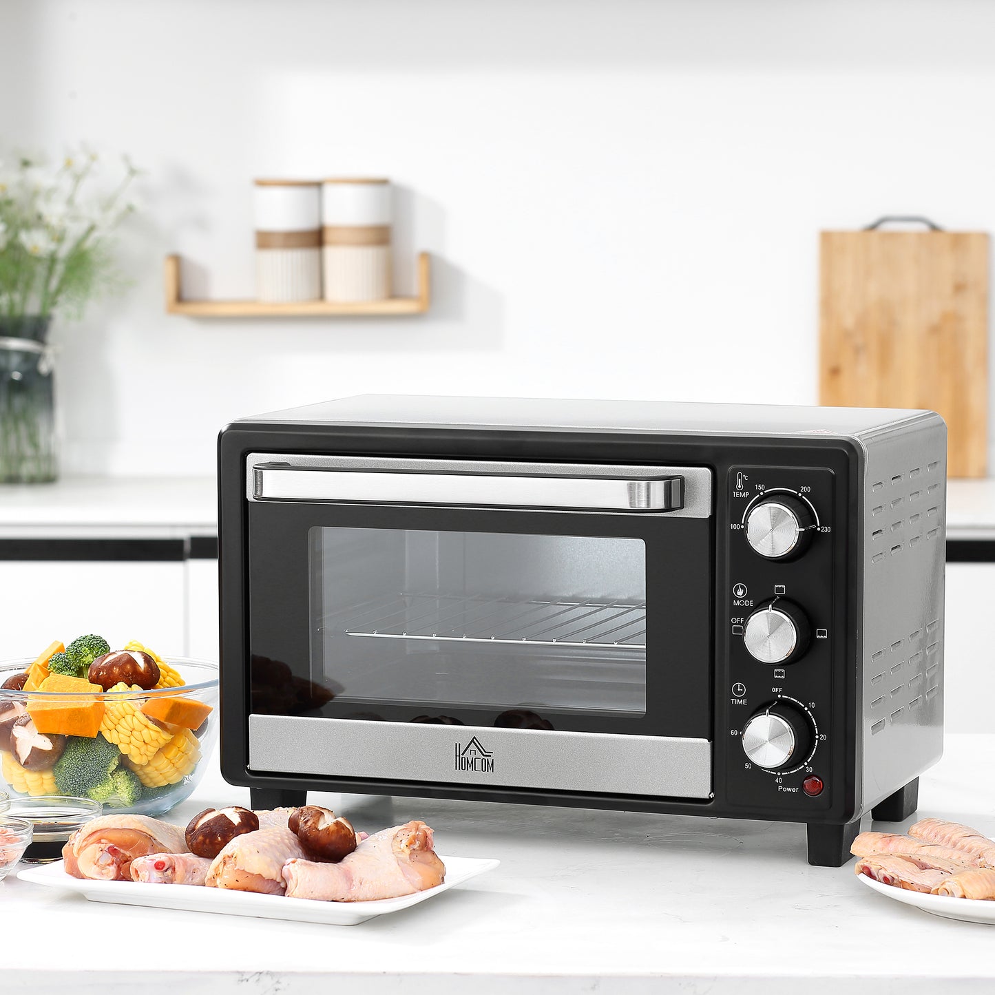 HOMCOM Horno Eléctrico de Sobremesa 16L 1400W Horno Portátil Mini Horno con 3 Modos de Calor Temperatura hasta 230 ℃ Temporizador Bandeja de Horneado y Rejilla 44x32x28,1 cm Plata