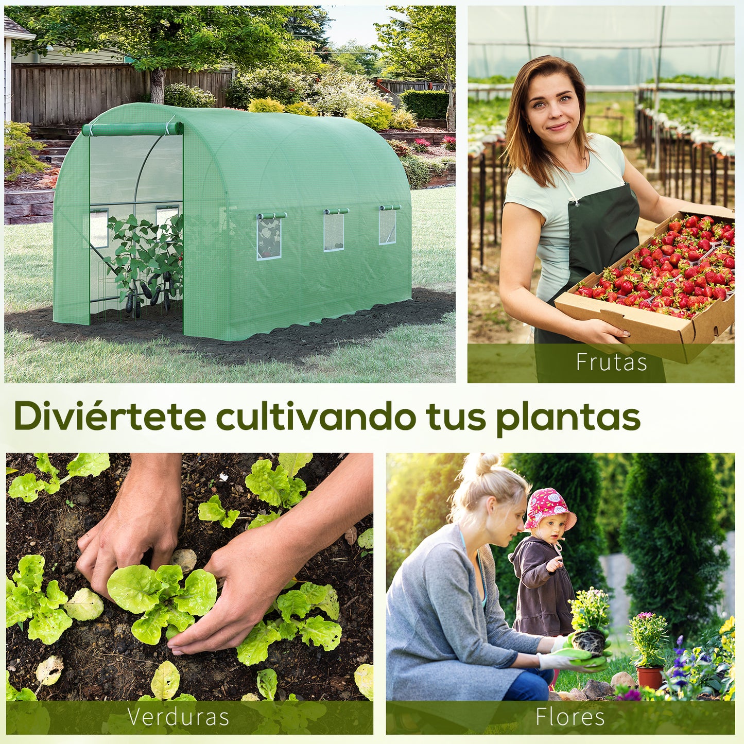 Outsunny Invernadero de Exterior 3,5x2x2 m Invernadero de Túnel con Cubierta de PE 140 g/m² para Cultivo Plantas Verduras Frutas en Jardín Terraza Verde