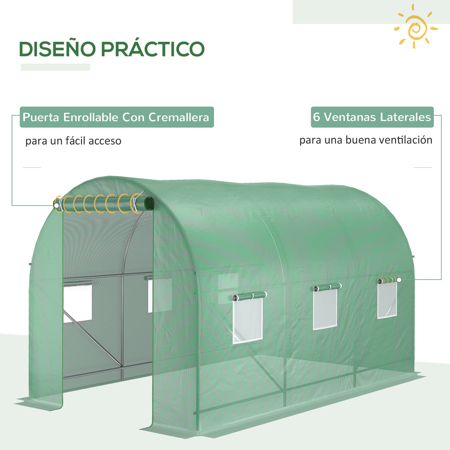 Outsunny Invernadero de Exterior 3,5x2x2 m Invernadero de Túnel con Cubierta de PE 140 g/m² para Cultivo Plantas Verduras Frutas en Jardín Terraza Verde