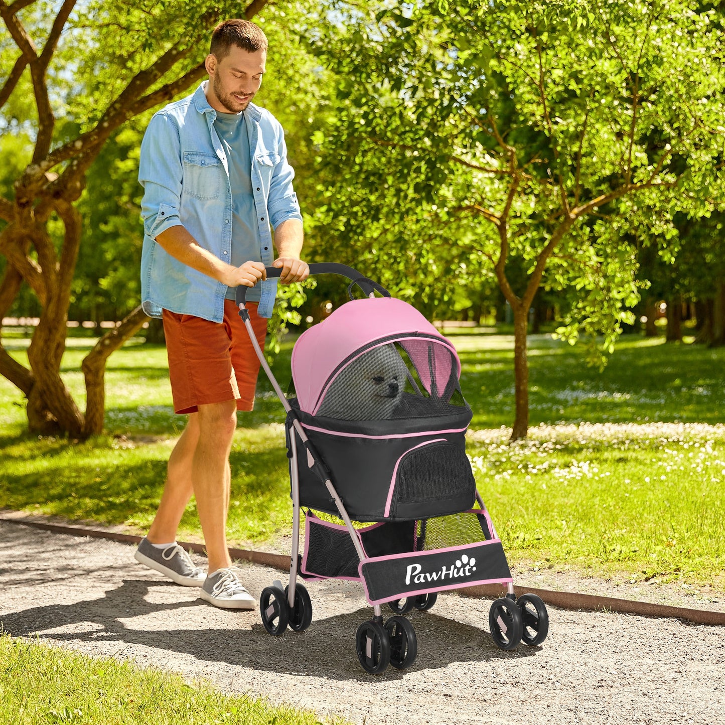 PawHut Carrito para Perros Plegable 3 en 1 Cochecito para Mascotas Carrito para Perros Pequeños con Vagón Desmontable Cesta de Almacenaje Correas de Seguridad y Cojín Rosa