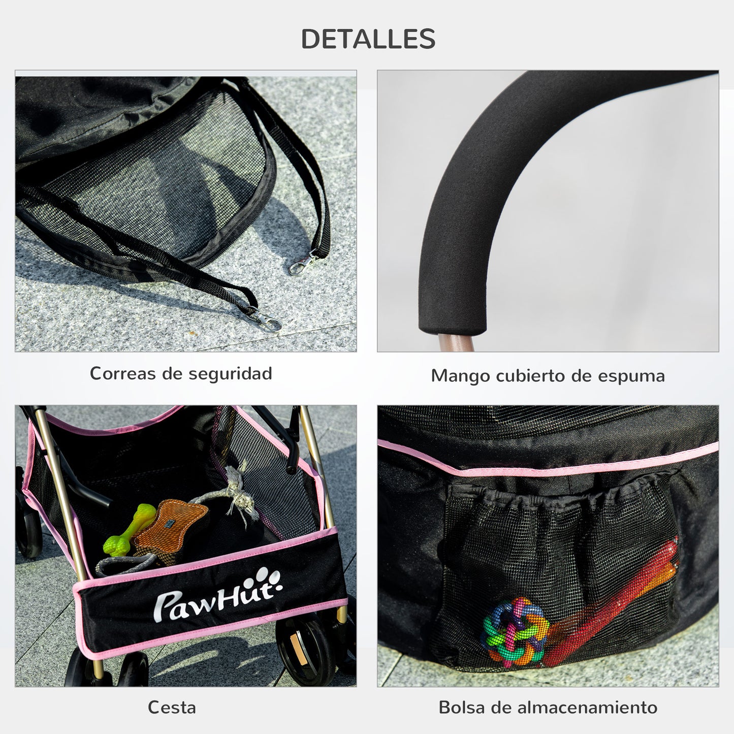 PawHut Carrito para Perros Plegable 3 en 1 Cochecito para Mascotas Carrito para Perros Pequeños con Vagón Desmontable Cesta de Almacenaje Correas de Seguridad y Cojín Rosa