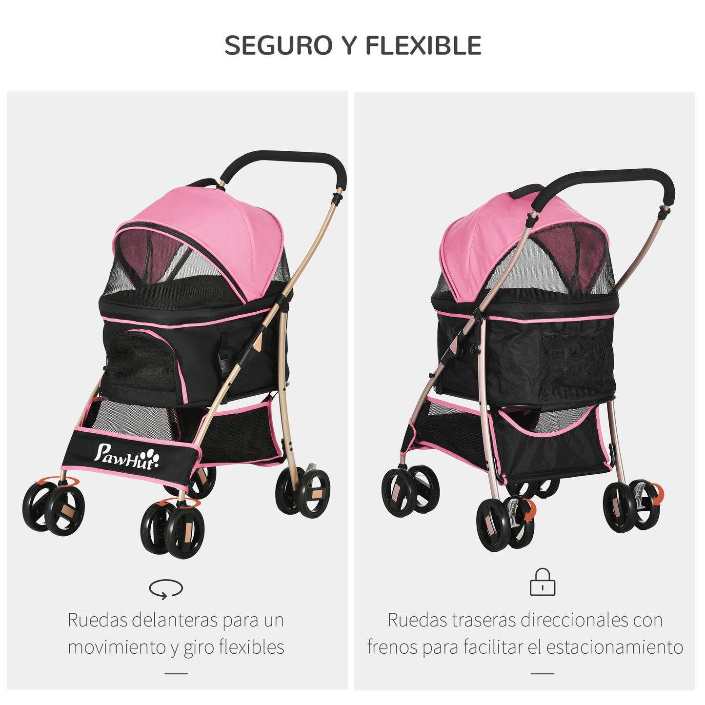 PawHut Carrito para Perros Plegable 3 en 1 Cochecito para Mascotas Carrito para Perros Pequeños con Vagón Desmontable Cesta de Almacenaje Correas de Seguridad y Cojín Rosa