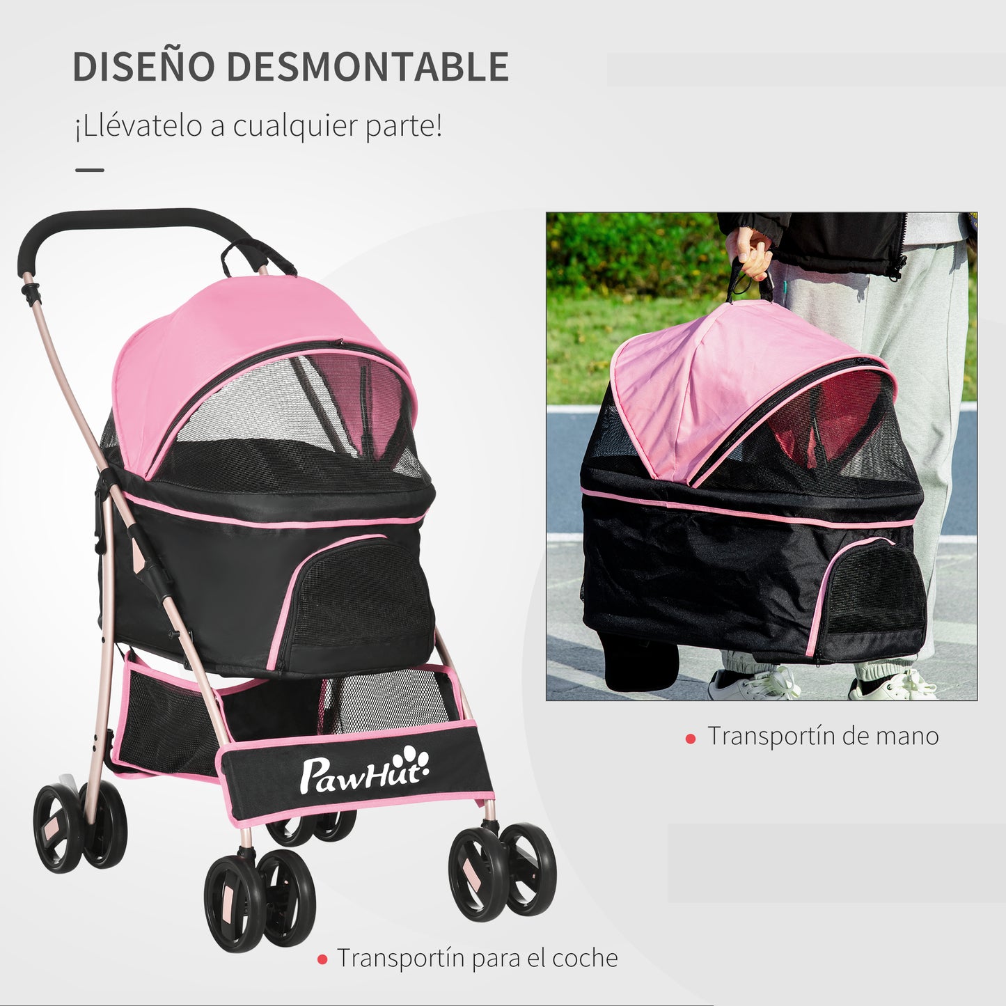 PawHut Carrito para Perros Plegable 3 en 1 Cochecito para Mascotas Carrito para Perros Pequeños con Vagón Desmontable Cesta de Almacenaje Correas de Seguridad y Cojín Rosa