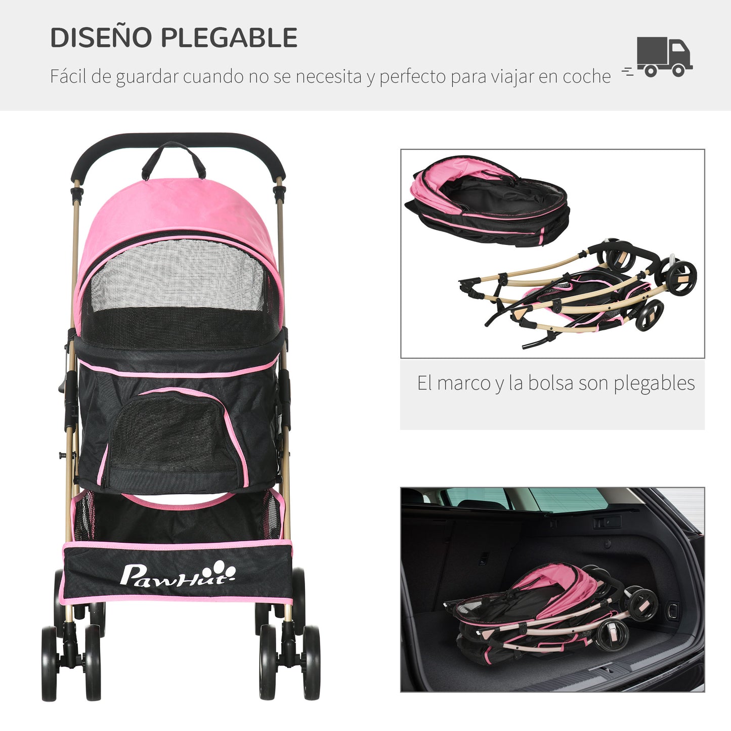 PawHut Carrito para Perros Plegable 3 en 1 Cochecito para Mascotas Carrito para Perros Pequeños con Vagón Desmontable Cesta de Almacenaje Correas de Seguridad y Cojín Rosa