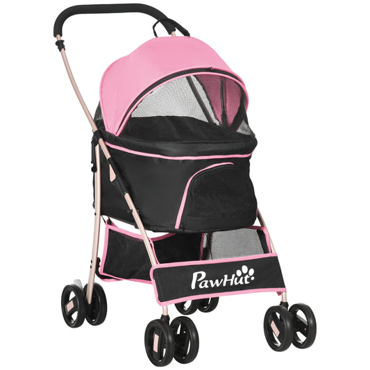 PawHut Carrito para Perros Plegable 3 en 1 Cochecito para Mascotas Carrito para Perros Pequeños con Vagón Desmontable Cesta de Almacenaje Correas de Seguridad y Cojín Rosa