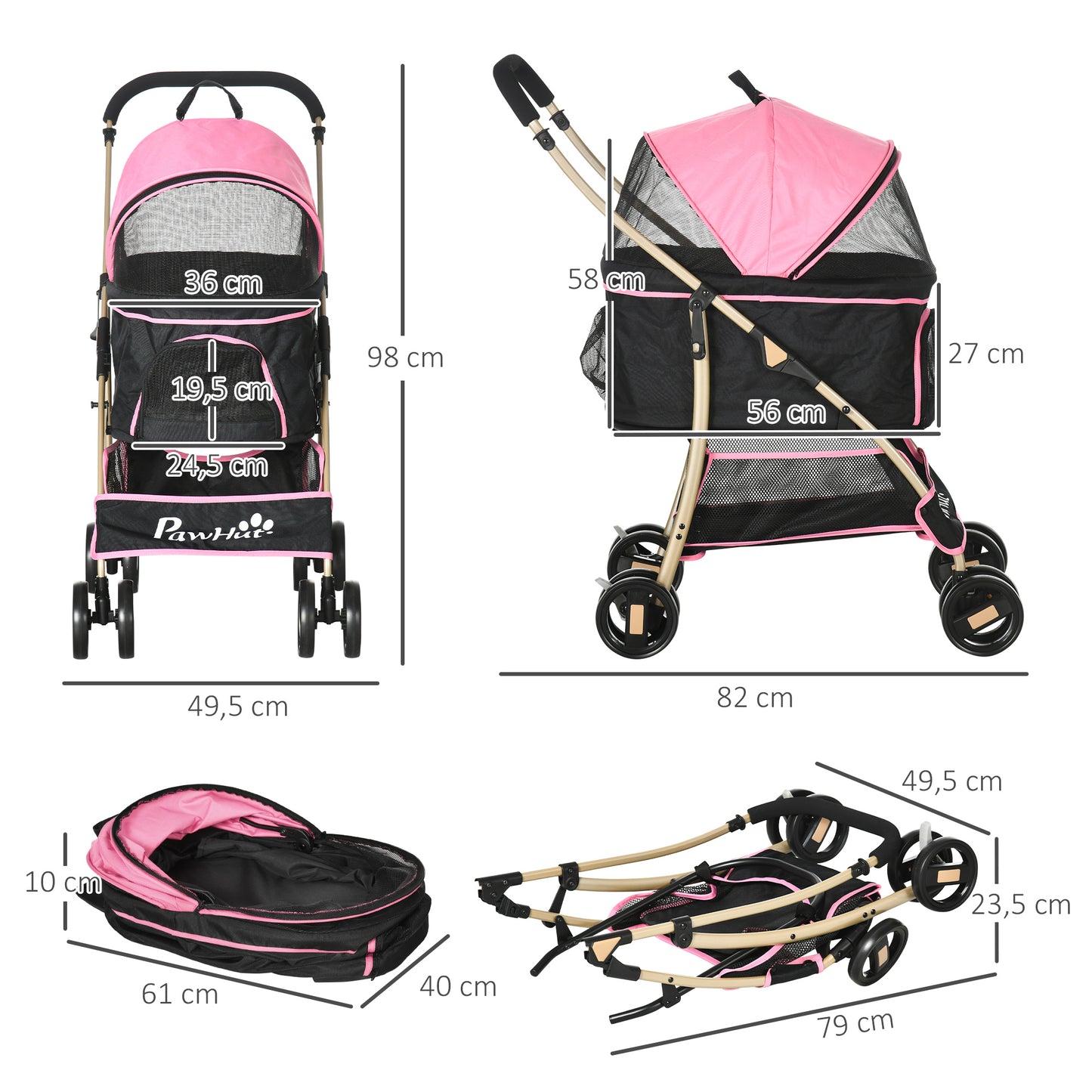 PawHut Carrito para Perros Plegable 3 en 1 Cochecito para Mascotas Carrito para Perros Pequeños con Vagón Desmontable Cesta de Almacenaje Correas de Seguridad y Cojín Rosa