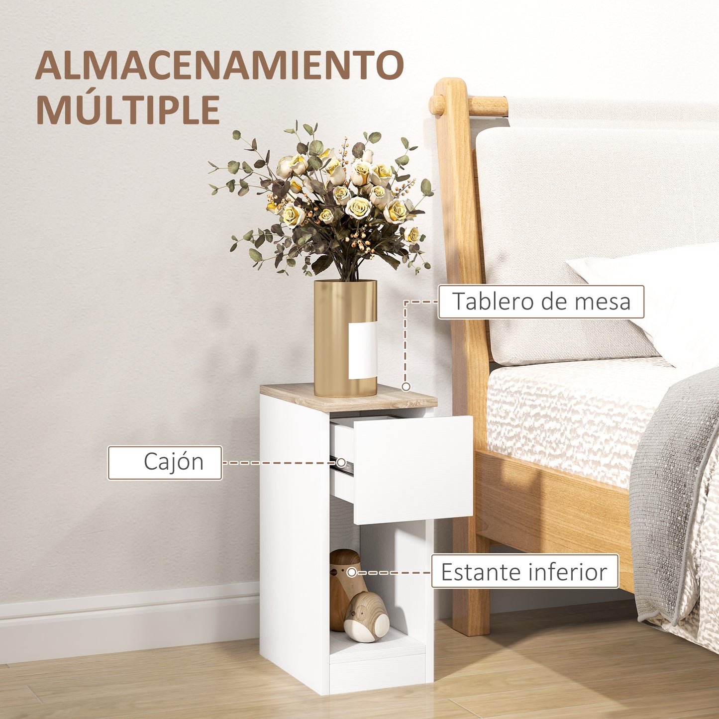 HOMCOM Mesita de Noche Moderna Mesilla de Noche con Cajón y Compartimento Abierto Mesa Auxiliar para Dormitorio Salón 20x30x50 cm Blanco