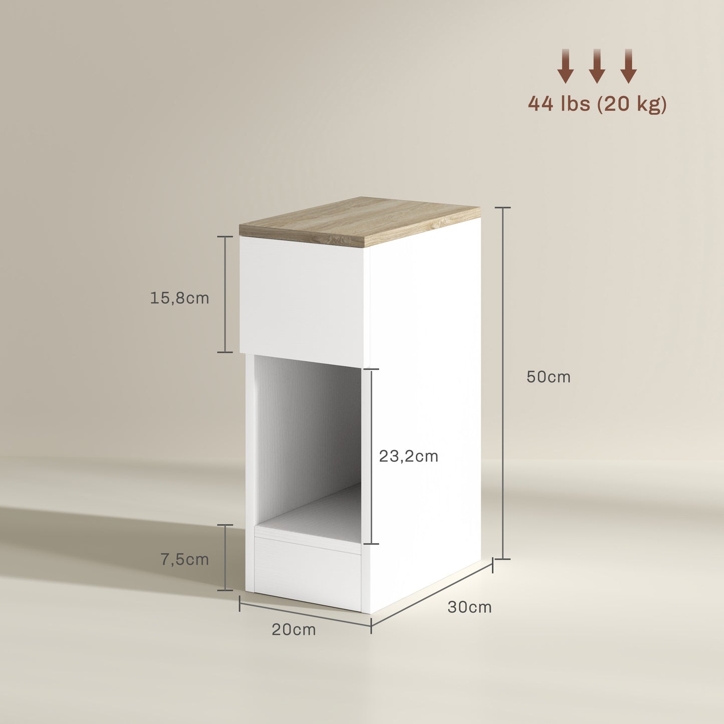 HOMCOM Mesita de Noche Moderna Mesilla de Noche con Cajón y Compartimento Abierto Mesa Auxiliar para Dormitorio Salón 20x30x50 cm Blanco