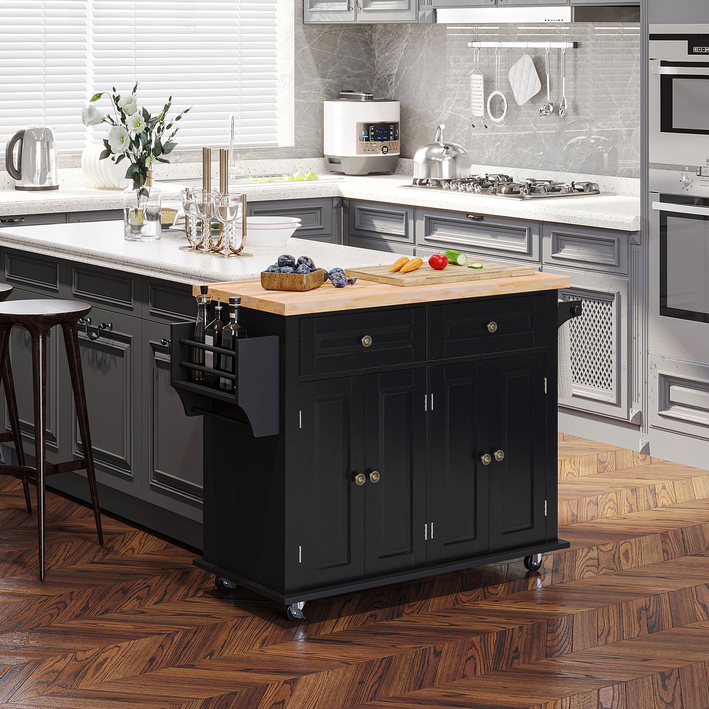 HOMCOM Isla de Cocina con Ruedas Carro de Cocina Mueble Auxiliar de Cocina con 2 Cajones 4 Puertas Especiero y Barra Lateral para Comedor 111x44,5x82,5 cm Negro